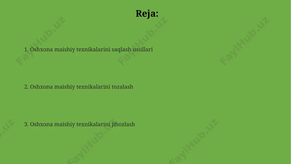 ddati kamida 10 yil bo'lishi mumkin. kichik oshxonalar uchun ixcham o'lchamdagi, multifunksiyali jihozlarni tanlash tavsiya etiladi, masalan, 2-3 funksiyali pechlar yoki 5 litrdan kam hajmdagi mikroto'lqinli pechlar. mikroto'lqinli pechlarni tozalash va parvarishlash pechning aylanuvchi plastinkasini va to'rni har ishlatilgandan keyin iliq suv va yumshoq sovun bilan yuvish, 30°c dan yuqori haroratda quritmaslik kerak. mikroto'lqinli pechning magnitronga zarar yetkazmaslik uchun metall idishlarni ishlatmaslik va kamida 2 sm bo'sh joy qoldirish, shuningdek, pechning ichki qismini har oyda yaxshilab tozalash tavsiya etiladi. mikroto'lqinli pechning ichki devorlarini 2-3 daqiqa davomida yuqori quvvatda suv va limon sharbati aralashmasini qizdirib, keyin nam mato bilan artib tozalash mumkin, bu yog' va kirlarni yumshatadi. sovutgich va muzlatgich tozalash va parvarishlash sovutgichning orqa devoridagi kondensator panjarasini kamida har 3 oyda chang va kirlaridan tozalash, sovutish tizimining samarali ishlashini ta'minlaydi va asbobning umrini uzaytiradi. muzlatgichdagi muzlatish kamerasini 6 oyda bir marta to'liq eritib, yaxshilab tozalash, energiya tejash va ishlash samaradorligini …