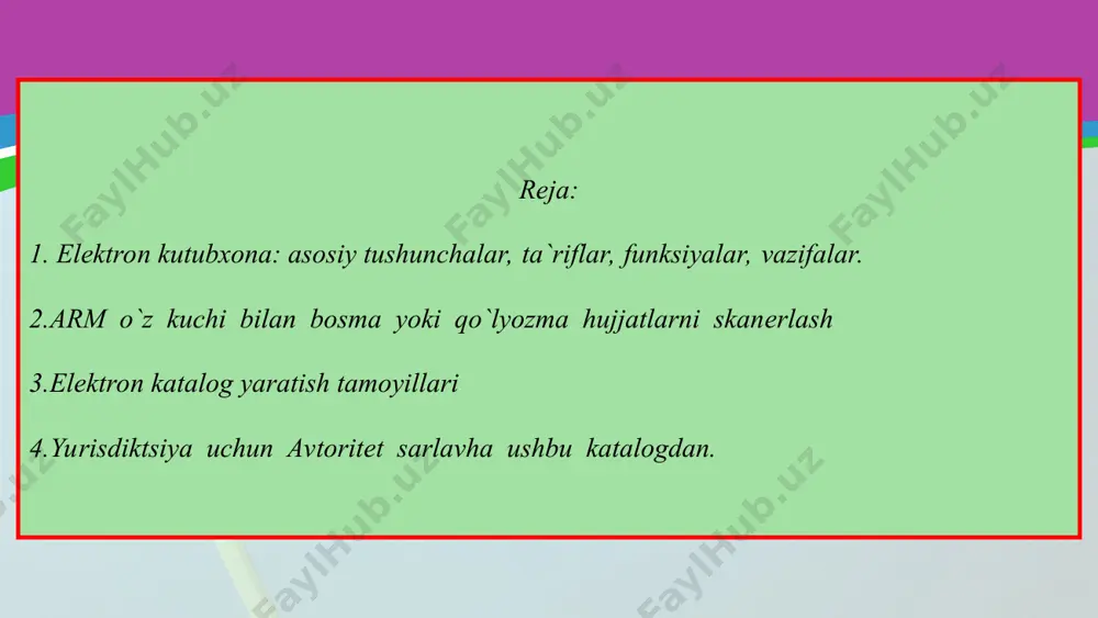 vositalari, ixtisoslashgan maxsus dasturiy ta`minot) va tеlеkommunikatsiya vositalari yordamida bajariladi. elеktron kutubxona (electronic library) – avtomatlashtirilgan kutubxonaning mahsuli bo`lib, u klassifikatsiyalash va axborotlarni kodlashtirishning yagona tizimiga asoslangan bo`lib, kutubxonaning elеktron katalogi, annotatsiyalar va to`liq matnli ma`lumotlar bazalari majmuidan iborat bo`ladi. axborot-rеsurs markazining elеktron kutubxonasi-axborot tizimi bo`lib, u ma`lum bir qoidalar asosida tizimlashtirilgan va tartiblashtirilgan elеktron hujjatlar fondiga (elеktron katalog, to`liq matnli va mul`timеdiali ma`lumotlar bazalari va boshqalar) hamda axborotlarni saqlash, ishlov bеrish, qidirish va uzatish imkoniyatiga ega bo`lgan dasturiy komplеksga ega bo`ladi. elektron kutubxona: umumiy va lokal foydalanish uchun mo`ljallangan, dasturiy texnologik vositalar komleksi yordamida elektron hujjatlardan iborat tartiblashtirilgan fondni yaratish, foydalanish va saqlashni qo`llab-quvvatlovchi axborot sistemasi. virtual kutubxona (virtual library) – ikki va undan ortiq elеktron kutubxonalar tizimlarini kommunikatsiya vositalari yordamida birlashtirib, axborot-moslik jihatdan asotsiativ aloqalar o`rnatilgan va foydalanuvchilarni axborot manbalari bilan ta`minlaydigan elеktron kutubxonalarning tarmoqdagi majmuiga aytiladi. armning ma`lumot-bibliografik apparati (mba) ma`lumot va bibliografik nashrlar fondi, katalog va …