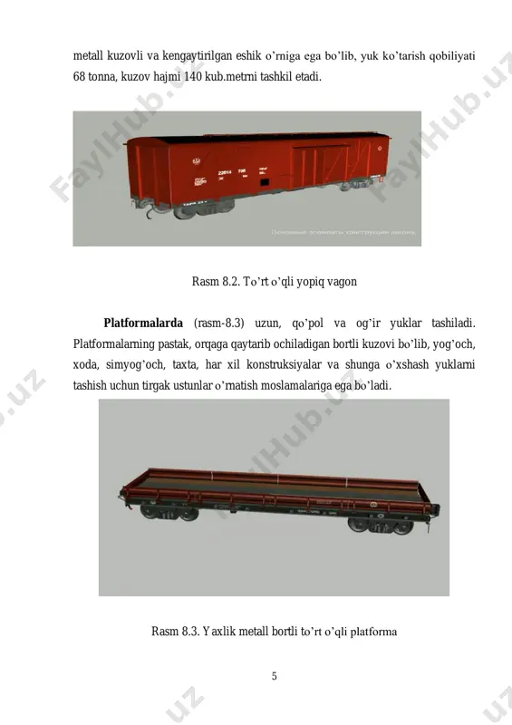 ilib ishlanadi (rasm 8.5). qoplama materiali tashiladigan yuk turi va xususiyatlariga qarab kislotalar tashiydiganlari rezina yoki qо’rg’oshin qatlami, kislotaga chidamli zanglamaydigan pо’lat yoki alyuminli, sut tashiydiganlari zanglamaydigan pо’lat va issiq о’tkazmaydigan qatlamli qilib ishlanadi. 8 rasm 8.5. tо’rt о’qli sisterna siqilgan va suyultirilgan gazli mahsulotlarni tashish uchun mо’ljallangan sisternalarning qozoni о’ta kuchli va katta bosimga chidamli qilib ishlanadi va ustidan pastki qismida ayrimlari qо’shimcha muhofaza qobig’iga ega bо’ladi. umumlashtirib xulosalaganda sisternalarning barchasi maxsus vazifali vagonlardan tarkib topgan deyin mumkin. tez buziladigan yuklar izotermik vagonlarda tashiladi. ular yoz vaqtida tez buziluvchan gо’sht, baliq, hо’l meva va boshqa oziq - ovqat mahsulotlari, qish vaqtida esa muzlash natijasida о’z sifatini yо’qotadigan yuklarni tashish uchun ishlatiladi. vagonlar ichida kerakli temperaturani ushlab turish uchun ular sovutish va isitish asboblari bilan jihozlanadi va kuzovlari issiq о’tkazmaydigan qilinadi. izotermik vagonlar 21, 12 va 5 vagondan iborat refrijerator poyezdlariga yoki seksiyalarga birlashtirilib, ularning tegishli ravishda 3, 2 va …