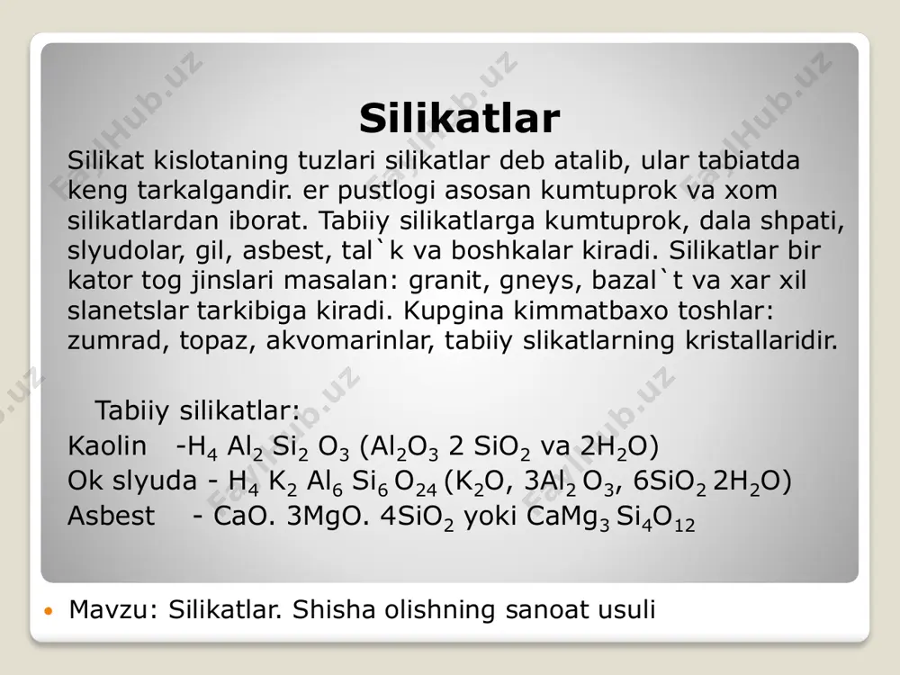 shlatiladi. bu moddalarning arlashmasi regenerativ pechlarda suyuklantiriladi. bu pechlar odatda genarator gazi yokib kizdiriladi. aralashmaning suyuklanishida kuyidagi reaktsiyalari sodir buladi: caco3 + sio2 k casio3 + co2 na2co3 + sio2 k na2sio3 + co2 kupincha soda urniga na2so4 va kumir ishlatiladi. bunda kuyidagicha reaktsiya sodir buladi: 2na2so4 + 2sio2 + c k 2na2sio3 + 2so2 + co2 shisha buyumlar puflash, kuyish, preslash va chuzish yuli bilan tayyorlanadi. agar shisha pishirishda soda urniga potash ishlatilsa, kiyin suyuklanadigan shisha xosil buladi. bu shishadan maxsus kimyoviy idishlar tayyorlashda ishlatiladi.  mavzu: silikatlar. shisha olishning sanoat usuli kremniy (iv) -oktsidga (sio2) potash va kurgoshin (ii) oksid (rvo) kushib suyuklantirilsa billur deb ataladigan tinik ogir shisha xosil buladi. bu shisha tarkibida k slikat va rv silikat buladi. undan turli optik shishalar va badiy idishlar tayyorlanadi. silikat angidridning ma`lum kismi urniga borat angidrid b2o3 kushilsa shishaning xossasi yana uzgaradi. uning katikligi yanayam oshadi va yukori xaroratga …