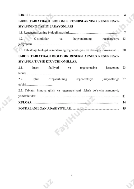 ularni muhofaza qilish, inson faoliyati bilan uyg‘unlashtirilgan holda tabiiy muvozanatni saqlash bugungi kunning eng dolzarb masalalaridan biri hisoblanadi. shuningdek, bmtning 2030 yilgacha mo‘ljallangan barqaror rivojlanish maqsadlarida ham biologik xilma-xillikni saqlab qolish, resurslardan oqilona foydalanish, ekotizimlarni barqaror boshqarish masalalariga alohida e’tibor qaratilgan. zero, biologik resurslarning regeneratsiyasi faqat tabiatning o‘ziga xos xususiyati emas, balki uni boshqarish, rag‘batlantirish va muhofaza qilish orqali insoniyat tomonidan ham nazorat qilinishi mumkin. ilmiy tadqiqotlar shuni ko‘rsatmoqdaki, regeneratsiya jarayonlari sekin kechuvchi, ko‘p bosqichli va ekotizimlarning holatiga bog‘liq bo‘lgan murakkab tabiiy jarayonlardir. ularni yangilash uchun faqatgina ekologik monitoring emas, balki ilg‘or texnologiyalar, bioxilma-xillikni saqlash bo‘yicha qonuniy mexanizmlar ham talab etiladi. shu bois, ushbu mavzuni o‘rganish orqali tabiatda mavjud bo‘lgan biologik resurslarning qanday sharoitda, qanday bosqichlarda va qanday omillar ta’sirida regeneratsiya bo‘lishi aniqlanadi. bu esa ekologlar, biologlar, qishloq xo‘jaligi mutaxassislari va tabiatni muhofaza qilish bilan shug‘ullanuvchi tashkilotlar uchun amaliy tavsiyalar ishlab chiqishga yordam beradi. mavzuning dolzarbligi shundaki, regeneratsiyani ilmiy asosda …