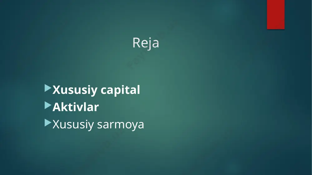 ing kompaniyani sotib olish uchun ajratgan miqdori atigi 20 % boʻlsa, kapitalning 100 % rentabelligiga olib kelishi mumkin. pastga va 80 % qarz. biroq, agar xususiy sarmoyador firma maqsadli qiymatni oshira olmasa, yoʻqotishlar katta boʻladi. bundan tashqari, qarzni moliyalashtirish korporativ soliq yukini kamaytiradi, chunki foizlar soliqqa tortilmaydi va investorlar foydasini oshirishning asosiy usullaridan biridir. xususiy sarmoya leverajdan foydalangan holda kompaniyalarni sotib olish uchun qarzni moliyalashtirishdan keng foydalanadi. firma qiymatining kichik oʻsishi — masalan, aktivlar narxining 20 % ga oʻsishi — agar xususiy kapital fondining kompaniyani sotib olish uchun ajratgan miqdori atigi 20 % boʻlsa, kapitalning 100 % rentabelligiga olib kelishi mumkin. pastga va 80 % qarz. biroq, agar xususiy sarmoyador firma maqsadli qiymatni oshira olmasa, yoʻqotishlar katta boʻladi. bundan tashqari, qarzni moliyalashtirish korporativ soliq yukini kamaytiradi, chunki foizlar soliqqa tortilmaydi va investorlar foydasini oshirishning asosiy usullaridan biridir. innovatsiyalar odatda mavjud tashkilotlarda emas, balki taʼsischilar tomonidan ishlab chiqariladi, xususiy sarmoya kompaniyalari …