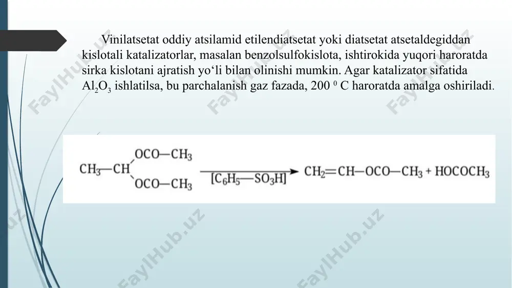 talitik reaksiyalarda qo‘llanilgan reaktor deametrining katalizator diametriga nisbati 8-12 oraliqda bo‘lishi kerak. ishda sanoatda ishlab chiqarilgan 2 mm diametrli γ-al2o3 va faollashtirilgan ko‘mir granulalaridan foydalanildi. reaktor diametri esa 24 mmni tashkil qiladi. atsetilen graduirlangan gazgoliderdan yoki atsetilen ballonidan tozalash sistemasi va riometr orqali aralashtirgichga va undan reaktorga berildi. sirka kislotasi dazotardan aralashtirgich orqali reaktorga uzatiladi. yuqori haroratda hosil bo‘lgan gaz-bug‘ aralashmasi inert qatlam (shisha yoki chinni bo‘lakchalari) usuli bilan tayyorlandi. tashuvchi sifatida granula shakldagi sanoatda ishlab chiqarilgan γ -alyuminiy oksidli yoki faollashtirilgan ko‘mirdan, katalizator komponent sifatida esa rux atsetatidan foydalanildi. namuna: 70 g γ-alyuminiy oksid granulalariga 100 g 30% li rux atsetat eritmasi qo‘shildi. quruq holiga kelguncha to‘xtovsiz aralashtirilgan holda sekin qaynatildi. so‘ng quritish pechida 150 0 с xaroratda 2 soat davomida quritildi shunday qilib 70% al2o3 ва 30% zn(cн3coo)2 tarkibli katalizator hosil bo‘ldi. yuqorida keltirilgan usul bo‘yicha faollashtirilgan ko‘mir / zn(cн3coo)2 katalizatori ham tayyorlandi. 4. sirka kislotani geterogen katalitik …