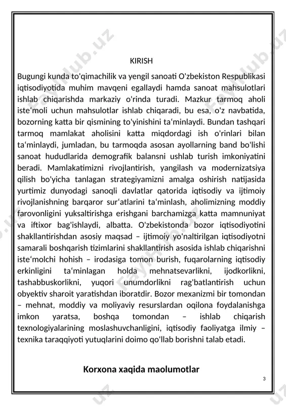 im va ko’rsatilgandek bajarishga harakat qilidim. men uchun juda ham katta malaka bo’lgan bu amaliyot davrida yetarlicha ko’nikmalarga ega bo’ldim. tajriba bolmidagi texnologik jarayonlarni yoritish korxonaga buyurtma tushishidan avval har qanday buyurtmachi va xaridorlar o’sha korxonani ishini yaxshilab tekshiradi. korxonadagi tartib, ishchilarning ish samaradorligini, ishning sifatli tayyor bo’lishi, hamyonbop va tejamkor bo’lishi xaridorlarning ya’ni buyurtmachining eng asosiy talabidir. ish olib borishi ma’qul kelgandan so’ng buyurtmachi beradigan buyurtmasidan namuna qilib berishlarini so’raydi. ushbu namunani tajriba bo’limida tayyorlashadi. katta sexlar va firmalarda buning uchun alohida xona va mashinalar tayyorlangan bo’lib ushbu xonalarda mutahassislar ishlaydi. kichikroq korxonalarda esa alohida xona tashkillanmaydi lekin faqatgina mutaxassislar namuna ishini tikishadi. namuna bir yoki bir nechta dona tayyorlanadi. bazi sexlarda ortiqcha tayyorlangan namuna ishlaridan ko’rgazma tashkillanadi. bu ko’rgazmalar ham tajriba bo’limi ishiga kiradi. kelgan xaridorlarga ushbu ko’rgazmalarni ko’rsatishadi. namuna ishimiz xaridor yoki buyurtmachiga ma’qul kelgan bo’lsa tayyor bo’lgan namuna ishiga qarab narx ham ketadigan mahsulotlar ( material, …