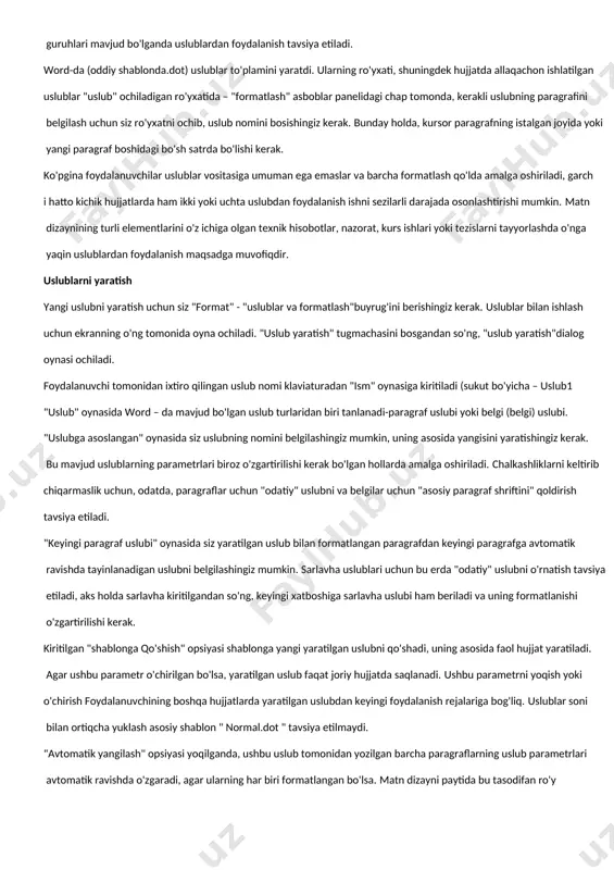 ari ham o'rnatiladi. hujjatda asosiy matndan farq qiladigan bir xil dizayn parametrlariga ega bo'lgan matn parchalari yoki paragraflar guruhlari mavjud bo'lganda uslublardan foydalanish tavsiya etiladi. word-da (oddiy shablonda.dot) uslublar to'plamini yaratdi. ularning ro'yxati, shuningdek hujjatda allaqachon ishlatilgan uslublar "uslub" ochiladigan ro'yxatida – "formatlash" asboblar panelidagi chap tomonda, kerakli uslubning paragrafini belgilash uchun siz ro'yxatni ochib, uslub nomini bosishingiz kerak. bunday holda, kursor paragrafning istalgan joyida yoki yangi paragraf boshidagi bo'sh satrda bo'lishi kerak. ko'pgina foydalanuvchilar uslublar vositasiga umuman ega emaslar va barcha formatlash qo'lda amalga oshiriladi, garch i hatto kichik hujjatlarda ham ikki yoki uchta uslubdan foydalanish ishni sezilarli darajada osonlashtirishi mumkin. matn dizaynining turli elementlarini o'z ichiga olgan texnik hisobotlar, nazorat, kurs ishlari yoki tezislarni tayyorlashda o'nga yaqin uslublardan foydalanish maqsadga muvofiqdir. uslublarni yaratish yangi uslubni yaratish uchun siz "format" - "uslublar va formatlash"buyrug'ini berishingiz kerak. uslublar bilan ishlash uchun ekranning o'ng tomonida oyna ochiladi. "uslub yaratish" tugmachasini bosgandan …