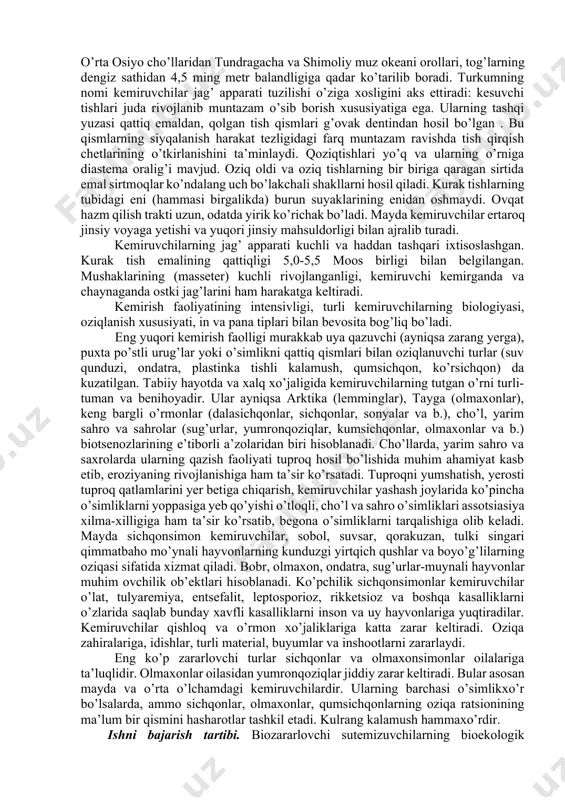 lar va kavsh qaytaruvchilar kenja turkumlariga bo’linadilar. kavsh qaytarmovchilar (nonruminantia) kenja turkumiga keng tarqalgan to’ng’iz ta’luqlidir. uning yashash joylari turli-tuman bo’lib, yoqtirib yashaydigan joylari – qalin qamishzorlar va ko’pincha ko’llar, daryolar qirg’oqlari va tog’ yonbag’irlardagi o’tib bo’lmaydigan yarim butazorlardir. hammaxo’r hayvon, joylarda qishloq xo’jaligiga sezilarli zarar yetqazadi. ancha chuqurlikka yotqazilgan kabellarni ham kovlashi mumkin. kavsh qaytaruvchilar (ruminantia) kenja turkumiga shimol bug’usi, los, haqiqiy bug’ilar kirib ular mavsumiy migrasiya va ko’chib yuradilar. jumladan shimol bug’isining migrasiyasi yuzlab kilometrlarga yetadi. bug’ilar migrasiyasi vaqtida ular yer usti kabellarni shikastlashi mumkin. bunday hollarni qoramollarni o’tlatishda ham kuzatish mumkin. kemiruvchilar (rodentia) turkumi vakillari biozararlash manbai sifatida muhim ahamiyatga ega bo’lib, butun yer shariga keng tarqalgan va ular 2800 turni tashkil qiladi. mdh mamlakatlari mintaqalarining barcha hududlarini ishg’ol qilib, o’rta osiyo cho’llaridan tundragacha va shimoliy muz okeani orollari, tog’larning dengiz sathidan 4,5 ming metr balandligiga qadar ko’tarilib boradi. turkumning nomi kemiruvchilar jag’ apparati tuzilishi o’ziga xosligini …