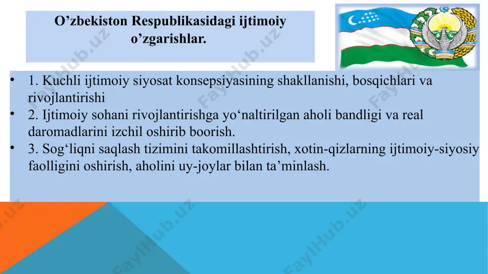 hloq aholisi 49,4 % ni tashkil qiladi. aholisi soni 3 million kishidan oshgan hududlar soni 4 ta bo‘lib,ular samarqand, farg‘ona, qashqadaryo va andijon viloyatlari hisoblanadi. o‘zbekistonda o‘rta osiyodagi jami aholining 1/3 qismidan ko‘prog‘i yashaydi. ijtimoiy infratuzilma tarmoqlari sog‘liqni saqlash, xalq ta'limi, maktabgacha bolalar muassasalari juda og‘ir ahvolda bo‘lib, maktab va kasalxonalarning 60% foizi nobop binolarda joylashtirilgan. bu esa o‘sha davrda insonning har tomonlama uyg‘un kamol topishi, uning shaxs sifatida ma'naviy rivojlanishi u yoqda tursin, ko‘pincha yashash uchun kerak bo‘lgan eng oddiy narsalar ham yetishmaganini ko‘rsatadi. yodda tuting! aholini ijtimoiy himoyalash chora-tadbirlari tizimidagi eng asosiy yo‘nalish - bu narxlar erkinlashtirilishi va pulning qadrsizlanish darajasi ortib borishi munosabati bilan daromadlarning eng kam va o‘rtacha darajasini muntazam oshirib borishi hisoblanadi. ijtimoiy siyosat konsepsiyasining shakllanishi. aholining ijtimoiy himoyasini ta'minlash davlat siyosatining bosh yo‘nalishi hisoblanadi.unda ishlab chiqilgan besh tamoyilning muhim qismi aholini ijtimoiy himoyalash ekanligi ham shu bilan bog‘liqdir. o‘zbekiston hukumati ana shu besh tamoyil …