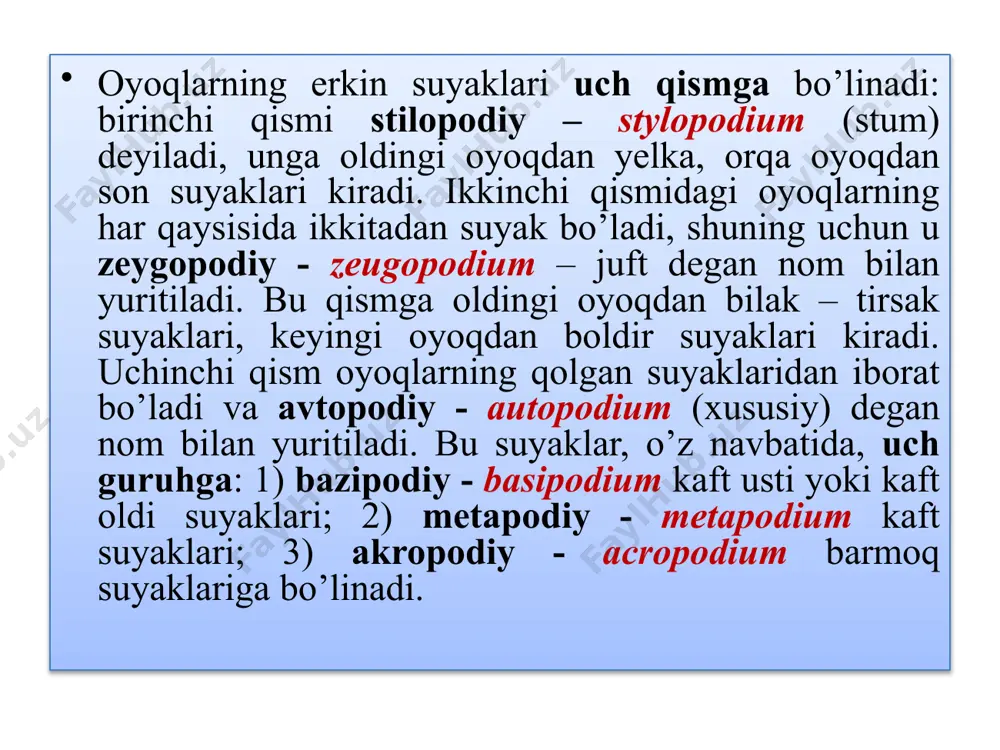ashagan, keyinchalik havo borgan sari isib o‘tlar qurib qolgan va ular oziq izlab uzoq joylarga borgan, chopgan, shuning natijasida oyoq suyaklari murakkablashib, yaxshi rivojlanib borgan, uchinchi barmog‘i tez rivojlanib, qolgan barmoqlari reduksiyalanib ketgan. fenakodlarning oyoqlari bilan birga tanasi ham rivojlanib, hozirgi zamon otlari darajasiga etgan. adabiyotlar narziyev d.x. “hayvonlar anatomiyasi”. toshkent, 1986. dilmurodov n.b. “hayvonlar anatomiyasi” fanidan amaliy-laboratoriya mashg’ulotlar bo’yicha o’quv qo’llanma. samarqand, 2014. yudichev yu.f. va boshqalar “anatomiya domashnix jivotnix”. omsk, 2003. klimov a.f., akayevskiy a.i. “anatomiya domashnix jivotnix”. moskva, 2003. image1.jpeg image2.jpeg image3.jpeg image4.jpeg image5.jpeg image6.jpeg image7.jpeg image8.jpeg image9.jpeg /docprops/thumbnail.jpeg