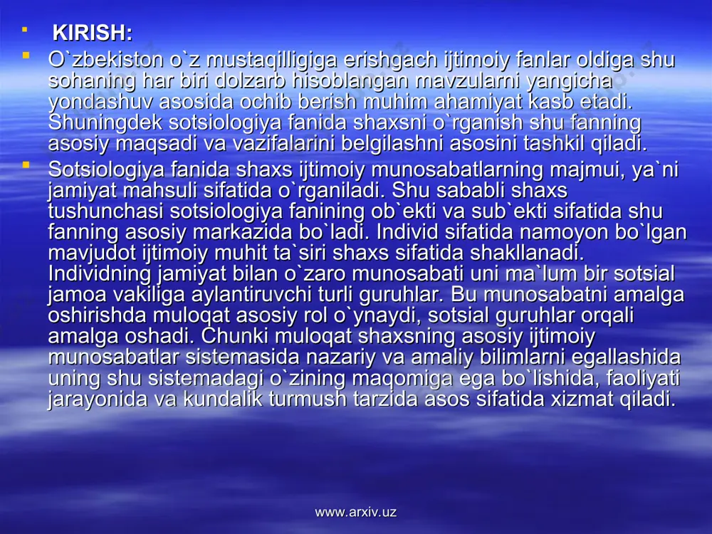 t sotsial guruhlar, jamoalar va munosabatidan tarkib topadi. shu sababli shaxsning sifatlari uchta kichik sistemadan iboratdir: shaxsiy individualligi, uning shaxslararo munosabatlari va munosabatlar sub`ekti sifatida mavjud bo`lishi. shaxsning individualligi undagi xarakter, iroda, dunyoqarash, faoliyat jarayonidagn ba`zi bir xususiyatlar bilan belgilanadi. undagi individual xususiyatlar uning amaliy faoliyatida namoyon bo`ladi. www.arxiv.uz www.arxiv.uz individual xususiyatlar amaliy faoliyatlar jarayonida tashkilotchilik va boshqaruvda shu faoliyatni asosiy xarakterini belgilaydi. bu xususiyat ob`ektdagi sotsial muammolarni hal qilishi muhim ahamiyat kasb etadi. sotsiologik tadqiqotlar natijasini ichki yoki tashqi kuzatish metodlar orqali uning individual xususiyatini bilish shaxsning ijtimoiy faoliyat jarayonidagi rolini belgilaydi www.arxiv.uz www.arxiv.uz 6.sotsial munosabatlar sotsiologiya fanining tizimida sotsial munosabatlar juda muhim o`rin kasb etadi. chunki u orqali jamiyat a`zolari bir-birlari bilan ma`lum bir muomala va ijtimoiy hamkorlikka intiladilar. sotsiologiyadagi bu maxsus soha o`zining o`ta dolzarbligi va muhimligi bilan boshqa muammo va masalalardan ajralib tursada, u hali mutaxassislar tomonidan to`liq ilmiy va sistemali ravishda o`rganilmagan va ilmiy adabiyotlarda …
