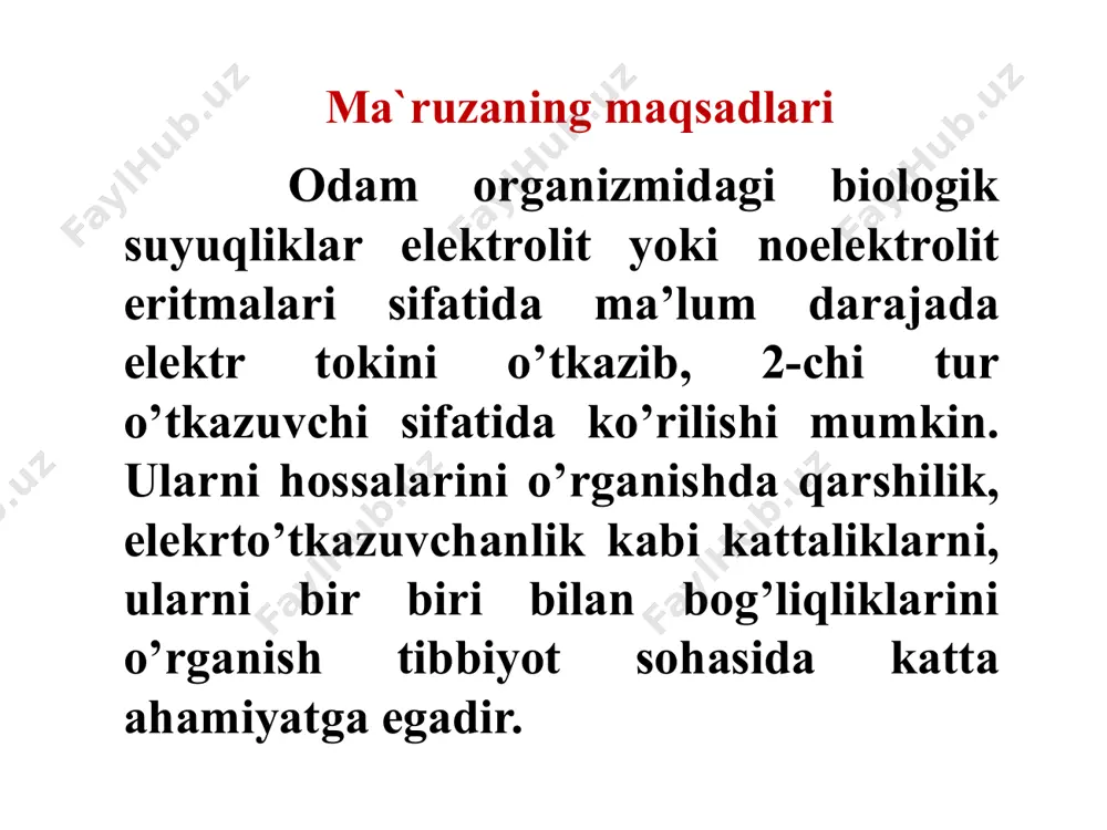 qat elektronlar harakati tufayli vujudga keladi: metallar, metall qotishmalari, ko’mir, grafit va boshqalar. 2-chi tur o’tkazgichlar yoki elektrolitlarda elektr tokini o’tishi kimyoviy o’zgarishlar sodir etadi: tuz, kislota, asos eritmalari, metallarning eruvchan oksidlari qarshilik elektrolitlarning elektr tokini o’tkazish hossasi qarshilik yoki elektro’tkazuvchanlik deyiladi. o`tkazgichning qarshiligi deb uning uzunligiga to`g`ri proporsional, ko`ndalang kesim yuzasiga teskari proporsional bo`lgan kattalikka aytiladi: ; om bu yerda: r – qarshilik; l - o`tkazgichning uzunligi; s - o`tkazgichning ko`ndalang kesim yuzasi, ρ- solishtirma qarshilik elektrolit eritmalarining elektro’tkazuvchanligi solishtirma qarshilik deb uzunligi 1 sm? ko’ndalang kesim yuzasi 1 sm2 bo’lgan o’tkazgichning qarshiligiga aytiladi. qarshilikka teskari bo’lgan kattalik elektro’tkazuvchanlik deb nomlanadi: solishtirma qarshilikka teskari bo’lgan kattalik solishtirma elektro’tkazuvchanlik deb nomlanadi: elektrolit eritmalarining elektro`tkazuvchanligi elektrolit eritmalarining elektro`tkazuvchanligi va shunda solishtirma elektro’tkazuvchanlik formulasini hosil qilamiz: yoki: elektrolitik yacheyka o’zgarmasa, nisbat ham ozgarmaydi, y’ani va idish doimiysi deyiladi. shuning uchun solishtirma elektro’tkazuvchanlikni qarshilikni o’lchab va undan hisoblab topishimiz mumkin: molar elektro`kazuvchanlik elektrolitlar …