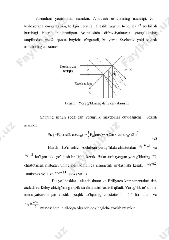 uchun) maksimal qiymatiga (uchun) qadar diapazonda yotadi. gazlarda tezlik 104 tartibda, suyuqliklarda 105 tartibda va kristallarda 106 sm/s tartibida ekanligini nazarda tutib, maksimal chastotalar mos ravishda tartibda bo’lishini topish mumkin. nm yashil yorug’lik uchun maksimal chastotalar har xil moddalarda 109 dan 1011 s-1 intervalda yotadi. yorug’lik chastotasining bunday juda kichik o’zgarishlarini ajrata olish kuchi, juda katta bo’lgan spektral apparatlardagina, masalan fabri-pero interferometrlarida yoki panjarasining shtrixlari juda ko’p bo’lgan difraksion spektrometrlarda qayd qilish mumkin. reley chizig’ining nozik strukturali ekanini birinchi bo’lib tajribada (1930 y). landsberg, mandelshtam, gross kvars monokristalida grossning o’zi esa suyuqliklarda aniqlaganlar. m-b komponentalari orasidagi masofani o’lchash, juda yuksak chastotali (1010-1011gs gacha bo’lgan) tovush tezligini aniqlashga imkon beradi. (4) formula 3- rasm. morfolin gipertovush . n=1,4540 mandelshtam-brillyuenning ikkala komponentasinining integral intensivligi quyidagi ifodaning katta qavs ichidagi birinchi qo’shiluvchisi bilan ifodalanadi. (5) - issiqlikdan kengayish koeffitsiyenti cp - 1 g moddaning o’zgarmas bosim sharoitdagi issiqlik sig’imi - adiabatik siqiluvchanlik. reley …