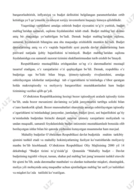 tizimini joriy qilish va mavjud soliq tushumlari asosini takomillashtirish sohasida bir qancha ishlar amalga oshirilgan bo’lsada bu ishlarning haqiqiy holati hali to’liq o’rganilmagan. shu sababli mahalliy budjet faoliyatini hamda mahalliy budjet daromadlari bazasini o’rganib chiqish va tahlil qilish zarurdir. kurs ishining ob’ekti va predmeti. kurs ishining ob’ekti bo’lib mahalliy budjet daromadlarini shakllantirish mexanizmini va hududiy iqtisodiyotni rivojlantirishda soliqlarning amaldagi holatini o’rganish va tahlil qilish jarayoni hisoblanadi. ishning predmeti mahalliy budjet daromadlarini shakllantirish mexanizmini va hududiy iqtisodiyotni rivojlantirishda soliqlarning amaldagi holatini o’rganish va tahlil qilish jarayonida vujudga keladigan moliyaviy munosabatlar yig’indisidan iborat. kurs ishining maqsadi va vazifalari. ishning asosiy maqsadi mahalliy budjetlarning daromad manbasini shakllantirish va mustahkamlashga hamda hududiy iqtisodiyotni barqarorligini ta’minlashda soliq tizimining samaradorligini oshirish va soliqlarning ahamiyatini oshirishga qaratilgan ilmiy taklif va amaliy tavsiyalar ishlab chiqishdan iborat. ishning maqsadidan kelib chiqib quyidagi vazifalarni bajarish rejalashtirilgan: - hududni ijtimoiy-iqtisodiy rivojlantirishda mahalliy budjetlarning roli va ahamiyatini yoritish; - mahalliy soliqlar va …