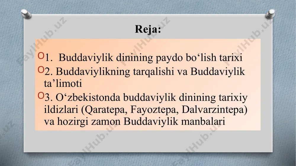 unal hayot qoidalarini o'z ichiga olgan vinaya-pitaka; sutra-pitaka, buddaning va yuqori martabali shogirdlarning va'zlari; va buddist tushunchalari talqini va tahlillarini o'z ichiga olgan abhidharma-pitaka . tripitaka – siddxarta gautama vafoti (nirvana erishgan)dan so‘ng qisqa vaqt o‘tib (mil.av. v-iii asrlar) yaratilgan buddizm muqaddas matnlari to‘plami. u ko‘p asrlar davomida og‘zaki shaklda bo‘lib keldi. miloddan avvalgi 29 yil shri lankada bo‘lib o‘tgan “iv buddistlar sobori”da avloddan-avlodga og‘zaki ko‘rinishda o‘tib kelayotgan tripitakaning yozma holatga keltirishga qaror qilindi. buddizm dini tarafdorlari orasida ulkan miqdordagi matnlarni o‘z ichiga olgan tripitakaning bir necha variantlari mavjud. ularning ichidan eng mashhuri va keng qo‘llaniladigani xinayana yo‘nalishiga mansub “pali qonunlari” (tripitakaning nomlaridan biri) hisoblanadi. bu yozuvlar saqlangan ibodatxona dunyo buddaviyliklarining muqaddas joyiga aylantirilgan. buddaviylik ruhoniylari xalqaro miqyosda uning mavqeini kuchaytirishga harakat qilmoqdalar. shu maqsadda buddaviylikning` turli tashkilotlarini birlashtirmoqdalar, buddaviyliklarning xalqaro konferenstiyalari, s`ezdlarini muntazam o`tkazmoqdalar. buddaviylikning bir necha xalqaro tashkilotlari mavjud. ulardan eng yirigi jahon buddaviyliklari qardoshligidir. u 1950 yili …