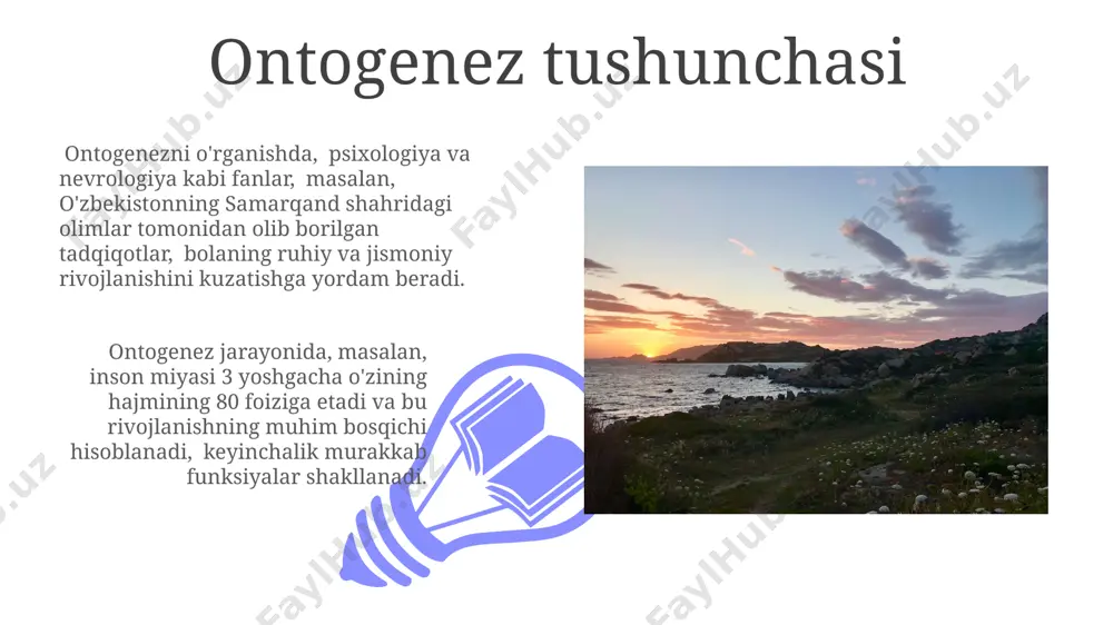 nida, 12-15 yosh oraligʻida, abstrakt fikrlash rivojlanadi, bu esa muammoni hal qilish va mantiqiy xulosalar chiqarish qobiliyatini sezilarli darajada oshiradi, masalan, toshkentdagi maktablarda o'tkazilgan testlar buni tasdiqlaydi. filogenez tushunchasi filogenez, 3,5 milliard yil davomida yer yuzida hayotning rivojlanishini o'rganadi, bu jarayonda 5 ta yirik qirollik – bakteriyalar, arxeyalar, protistlar, zamburug'lar va hayvonlar paydo bo'lgan. filogenetik daraxtlar, masalan, primatlarning filogeniyasini ko'rsatib, insonning afrikada 7 million yil avval paydo bo'lgan maymunsimon ajdodlardan kelib chiqishini tasdiqlaydi. ijtimoiy-madaniy omillar ta'siri madaniy merosimiz, xususan, 15-asr buxoro maktablari taʼlim tizimi, insonning ontogenezini shakllantirishda muhim rol oʻynagan va 5 ta asosiy bosqichga boʻlingan. ijtimoiy-madaniy omillar, masalan, 20-asrning ikkinchi yarmidan boshlab oʻzbekistondagi shaharlashuv jarayoni, bolalarning psixik rivojlanishiga 30% gacha taʼsir koʻrsatishi mumkin. voyaga yetganlik davri psixikasi hissiy-irqiy rivojlanish jihatidan voyaga yetganlik davri shaxsning oʻz-oʻzini anglash, oʻziga boʻlgan ishonch va oʻziga nisbatan tanqidiy munosabatni rivojlanishi bilan ajralib turadi, 40% ga yaqin shaxslar bu davrda o'z hayotlarini qayta ko'rib chiqadilar …