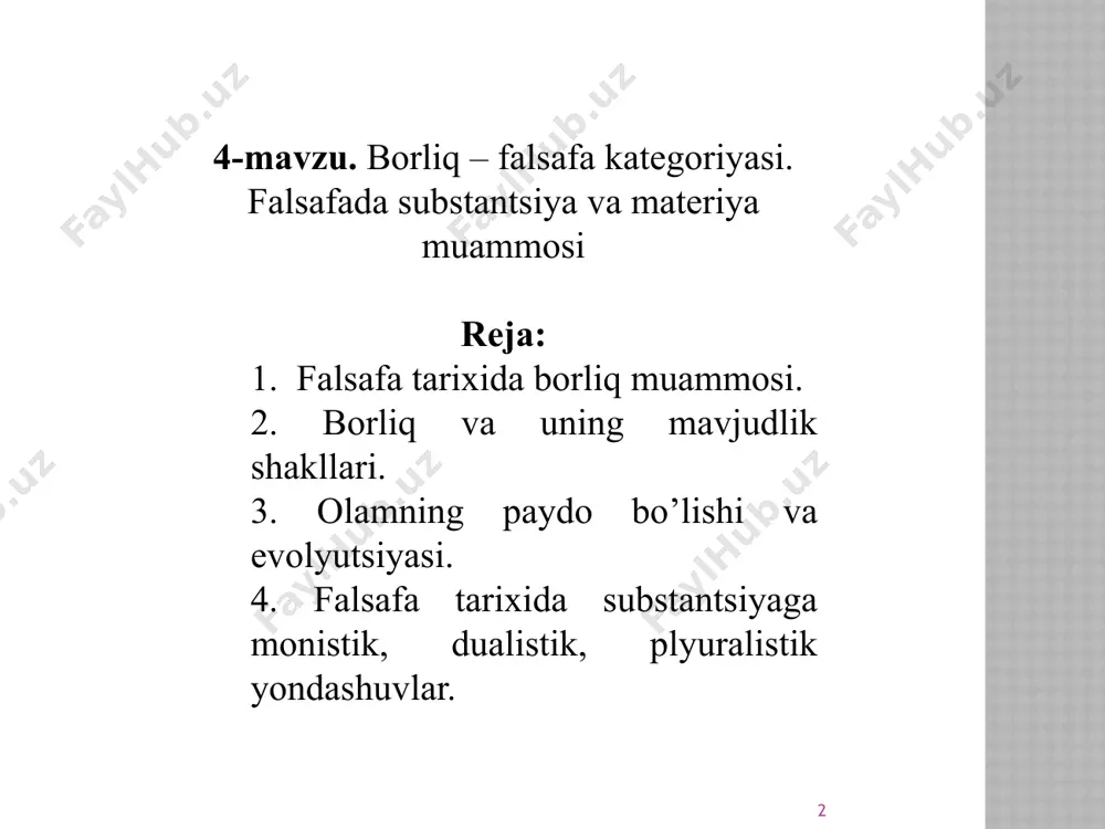 тарихида борлиқ муаммоси «борлиқ» категорияси фалсафа пайдо бўлиши билан шаклланган ва изчил назарий қизиқиш предметига айланган бўлса-да, дунё ҳақида одамлар анча олдинроқ фикр юрита бошлаганлар ва бу тасаввурлар кўп сонли афсоналар ва мифларда бизгача етиб келган. борлиқ муаммосини фалсафий англаб етишга илк уринишлар милоддан аввалги биринчи минг йилликда вужудга келган қадимги ҳинд ва қадимги хитой фалсафаларидаёқ кузатилади. борлиқ хақидаги қарашлар айниқса юнон фалсафасида ривожланди. 9 юнон олимларининг фикрича борлиқ юнон олими фалеснингфикрича борлиқнинг асосини сув ташкил қилади пифагор«ҳамма нарса сондир», деган хулосага келади ва ернинг шарсимон эканлигини биринчи бўлиб таъкидлайди парменид биринчи бўлиб борлиқни категория сифатида тавсифлади ва махсус фалсафий таҳлил предметига айлантирди юнон олими анаксименнинг фикрига кўра ҳамма нарсани ҳаво бошқаради демокрит ва левкипп атомларни муайян модда сифатида тавсифлаб, уларни «бўшлиқ» - йўқликка зид ўлароқ, «тўла» ёки «қаттиқ» борлиқ билан тенглаштирган ксенофан ҳамма нарса ер ва сувдан вужудга келади деб ҳисоблайди гераклит фикрича айни бир нарса мавжуд ва номавжуддир …