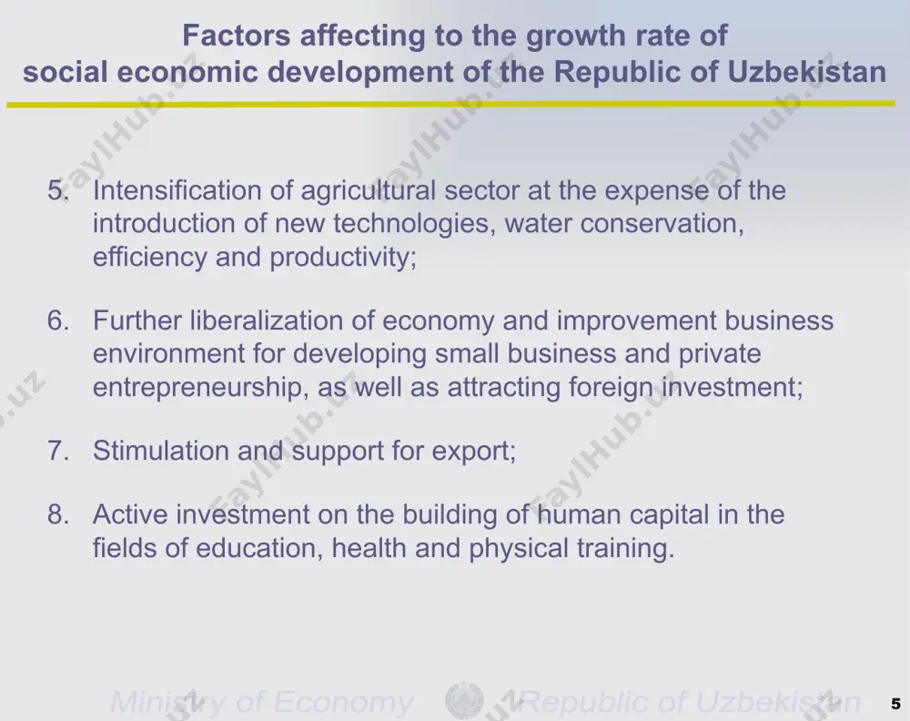 development of the republic of uzbekistan maintaining macroeconomic stability, domestic and external equilibrium in the economy of the state; active industrial policy, aimed at structural changes, the rapid growth rate of the share of processing industry with the production of goods with high value added; implementation of innovative techniques, including energy-conserving; modernization and development of industrial infrastructure, particularly transport, power industry, water use and sewer systems, as well as means of communication; 4 ministry of economy republic of uzbekistan intensification of agricultural sector at the expense of the introduction of new technologies, water conservation, efficiency and productivity; further liberalization of economy and improvement business environment for developing small business and private entrepreneurship, as well as attracting foreign investment; stimulation and support for export; active investment on the building of human capital in the fields of education, health and physical training. 5 factors affecting to the growth rate of social economic …
