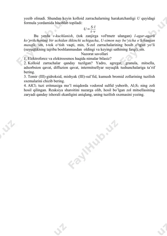 a orqali kolloid eritma to‘ldiriladi. tirsaklarga probka yordamida elektrodlar o‘rnatiladi. tok kenotron to‘g’rilagichdan (kuchlanishi 100 v) beriladi. tok ulangandan bir necha minut o‘tgach elektrodlardan birinchi kolloid zarrachalar yig’iladi. elektrod zaryadining ishorasiga qarab, kolloid zarrachalarning ishorasi topiladi. 3-rasm. kolloid zarracha zaryadining ishorasini aniqlash uchun ishlatiladigan asbob: 1. zol eritmasi solingan idish; 2. elektrodlar. 2-tajriba. kolloid zarrachalarning harakatchanligini aniqlash. tajriba 4-rasmda ko‘rsatilgan asbobda bajariladi. asbobning u-simon nayining ikkala tirsagi, balandligining uchdan bir qismigacha distillangan suv bilan to‘ldiriladi. keyin voronka (1) ning jo‘mragi (2) ni asta-sekin ochib, tirsaklarga o‘qituvchi bergan kolloid eritma quyiladi. zol suvni siqib chiqaradi. zol u-simon nayning o‘lchamlarga bo‘lingan tirsagining uchdan bir qismigacha ko‘tarilgandan keyin jo‘mrak (2) berkitiladi. nay tirsaklariga, tekshirilayotgan sistemani mis kuporosi eritmasi (4) bilan tutashtiruvchi agar-agarli ko‘prikchalar (3) qo‘yilgan. mis kuporosi solingan idishga o‘zgarmas kuchlanishli tok manbaiga ulangan mis elektrodlari (5) tushirilgan, kolloid eritmaga elektrodlarni to‘g’ridan-to‘g’ri tushurish yaramaydi, chunki ular qutblangandir. 4-rasm. elektroforezni o’tkazish uchun ishlatiladigan asbob: …