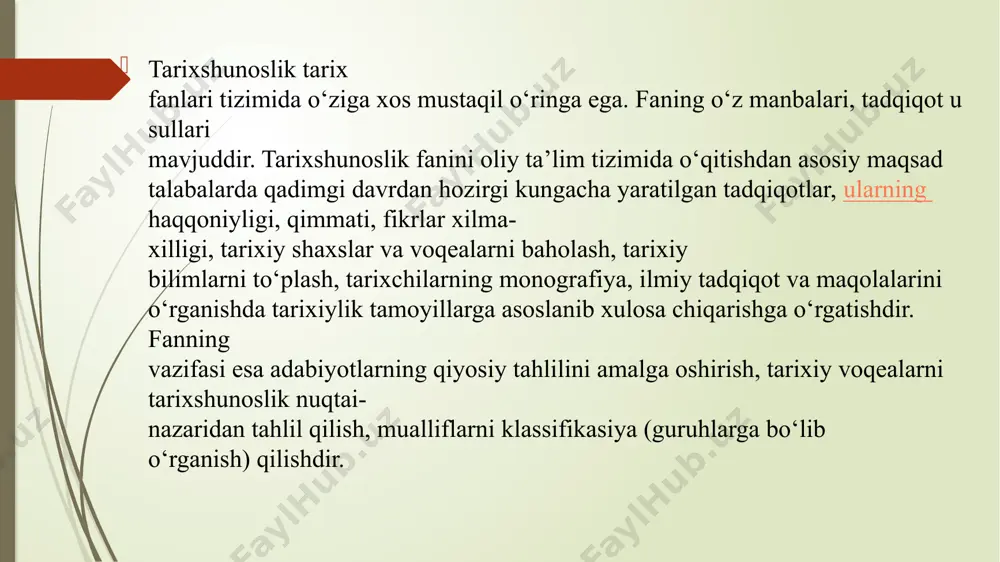 lik tadqiqotlarining bir qancha tahlil usullari mavjud: qiyosiy tarixiy usul —turli tarixiy davrlarda tarixiy maʼlumotlar qanday paydo boʻldi, harakatlandi, oʻzgardi va rivojlandi, jamiyat taraqqiyotida tarixiy fikrlarning paydo boʻlishi va rivojlanishi jarayonini aniqlashda qoʻllaniladi; aniq tahliliy usul — olib borilgan tarixshunoslik tadqiqoti voqea-hodisalar tafsilotini kelib chiqish sabablari, rivojlanish jarayonini nazariy va faktik materiallarning oʻzaro aloqasida tahlil qiladi, ularning fanda qanday yoritilganligini oʻrganadi; mantiqiy tahliliy usul — katta imkoniyatlarga ega boʻlib, tarixiy muammoning oʻziga xos xususiyatlari, tuzilishi, boshqa tarixiy hodisalar bilan bogʻliqligini oʻrganishda qoʻllaniladi. boshqacha aytganda, maʼlum bosqich yoki davrda tarix fanining rivojini jamiyat taraqqiyotining asosiy yoʻnalishi bilan bogʻliqlikda ifodalaydi; xronologik usul — voqea-hodisalar haqida turli bosqich yoki davrda toʻplangan tarixiy faktlarni oʻzaro bogʻliqlikda oʻrganishda qoʻllaniladi. bu esa turli zamonda ilmiy fikrlarning harakatini, muammoga yondashuvda konsepsiyalar, qarashlar, gʻoyalarning oʻzgarib borishini xronologik tartibda takroriy yoki xilma-xil jihatlarini ochib beradi; davriylashtirish usulida maʼlum bir tarixiydavriy chegarada tarix fanining sifat, uslub va xususiyatlarining oʻzgarishiga ijtimoiy-iqtisodiy …