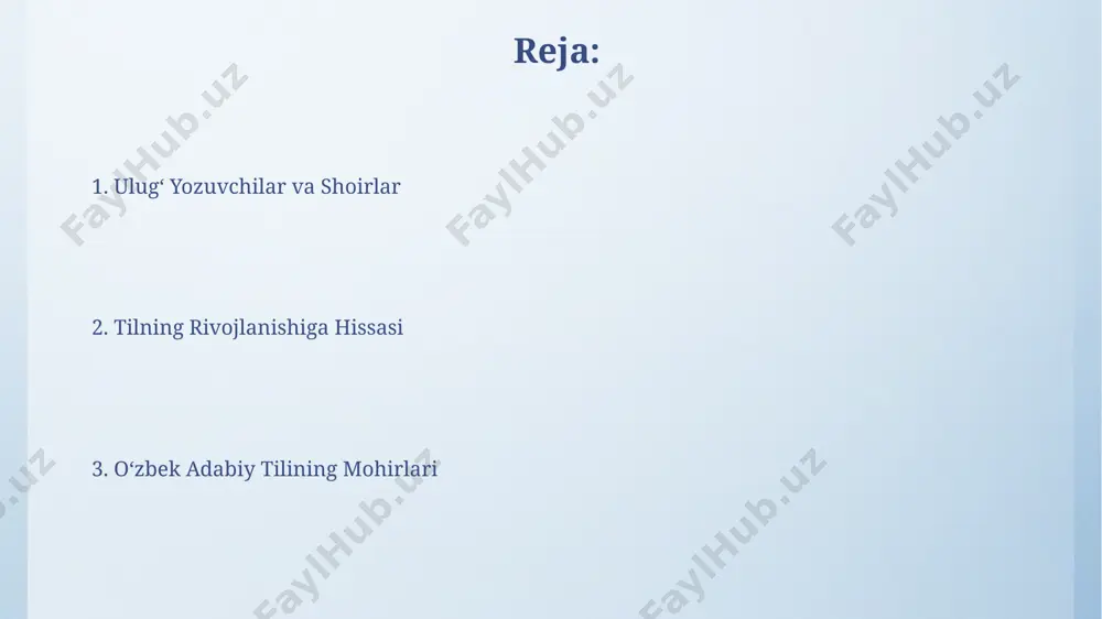 i fonida yaratilgan gʻafur gʻulom asarlarida, 2-jahon urushi davri voqeliklarini aks ettiruvchi hikoyalarda inson psixologiyasining murakkab tomonlari 30 dan ortiq obrazlar orqali ochib beriladi. choʻlpon va uning ijodining oʻziga xosligi чўлпон 1910-йилларда тошкентдаги адабиёт муҳитига катта таъсир кўрсатган, ўзбек шеъриятига янгича услуб ва мавзулар олиб кирган шоирдир. чўлпоннинг драматургиясида, хусусан “қора қушлар” пьесасида, ферғона водийсининг табиати ва одамлари ҳаёти реалистик рангларда тасвирланган. xix asr oʻzbek adabiyoti va uning namoyandalari тошкент, самарқанд ва бухоро каби йирик шаҳарларда адабий муҳит ривожланиб, 100 дан ортиқ шеърий тўплам ва насрий асарлар нашр этилган. xix аср ўзбек адабиётида реалистик йўналиш кучайиб, халқ ҳаёти, ижтимоий муаммолар, масалан, қашшоқлик ва адолатсизлик ҳақида кўплаб асарлар яратилган. zahiriddin muhammad bobur va boburiy uslub бобур ўз асарларида 15 аср форсий адабиёти таъсирини ҳамда ўзига хос туркий луғат бойлигини, хусусан, фарғона водийси шеваларини қўллаган. заҳириддин муҳаммад бобурнинг "бобурнома"си 1530 йилда, 50 ёшида, кобулда ёзилган бўлиб, туркий тилнинг бой имкониятларини намойиш этади. …