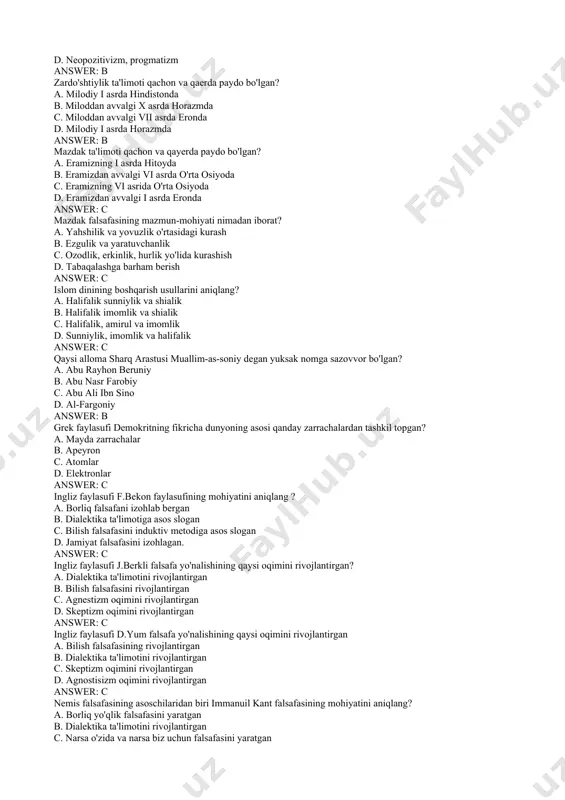 irratsionalizm answer: b qadimgi hitoy falsafasidagi asosiy yo'nalishlarni aniqlang? a. marksizm, plyuralizm b. konfutsiylik, daosizm c. empirizm, ratsionalizm d. neopozitivizm, progmatizm answer: b zardo'shtiylik ta'limoti qachon va qaerda paydo bo'lgan? a. milodiy i аsrda hindistonda b. miloddan avvalgi x asrda horazmda c. miloddan avvalgi vii asrda eronda d. milodiy i аsrda horazmda answer: b mazdak ta'limoti qachon va qayerda paydo bo'lgan? a. eramizning i asrda hitoyda b. eramizdan avvalgi vi asrda o'rta osiyoda c. eramizning vi asrida o'rta osiyoda d. eramizdan avvalgi i asrda eronda answer: c mazdak falsafasining mazmun-mohiyati nimadan iborat? a. yahshilik va yovuzlik o'rtasidagi kurash b. ezgulik va yaratuvchanlik c. ozodlik, erkinlik, hurlik yo'lida kurashish d. tabaqalashga barham berish answer: c islom dinining boshqarish usullarini aniqlang? a. halifalik sunniylik va shialik b. halifalik imomlik va shialik c. halifalik, amirul va imomlik d. sunniylik, imomlik va halifalik answer: c qaysi alloma �sharq arastusi� �muallim-as-soniy� degan yuksak nomga sazovvor …