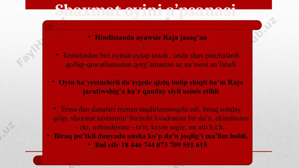 túri retinde 100 dana mámlekette tán alınǵan. 1999 jılda xalıq aralıq olimpiada komiteti (xoq) shaxmatti sport túri retinde tán aldı, biraq onı olimpiada oyınları programmasına kiritpedi. fide óziniń shaxmat olimpiadaların ótkeredi. anketa kópshilik shaxmat tariyxı hám oyın qaǵıydaların jaqsı biledi. birinshi hám ámeldegi jáhán chempionı menen tanısıń. shańaraqta kóp adamlar shaxmat oynaydı. kópshilik ataqlı shaxmatshilar kasparova, karpovalardi biledi. meniń tiykarǵı sorawimga: " shaxmat sport tu’ri me ? " kópshilik awa, bul sport. hátte sonday juwap da bar edi, bul aqıl ushın sport. kópshilik shaxmat oynawdı úyreniwdi qálewin bildirdi. soraw nátiyjeleri: juwmaq : men bilip aldım: shaxmat qaǵıydaları mudamı da házirgi sıyaqlı emes edi. shaxmat turaqlı gúres bolıp tabıladı. joytıwdan aman qalıw ushın sizde temir nervlerge ıyelewińiz kerek. biraq siz tekǵana bul jeńiliwden aman qalıwıńız, bálki keyingi oying’a da tayarlaniwin’iz kerek. juwmaq : izertlewimdiń tiykarǵı sorawına juwap bere aldım. shaxmat óziniń dónli tárepleri, jeńis hám jeńiliwleri menen sport túri ekenligine isenemen. …