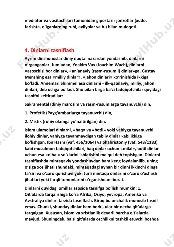 evropa, amerika va avstraliya dinlari tarzida tasniflash. biroq bu unchalik munosib tasnif emas. chunki, shunday dinlar ham borki, ular bir necha qit'alarga tarqalgan. xususan, islom va xristianlik deyarli barcha qit'alarda mavjud. shuningdek, ba'zi qit'alarda ozchilikni tashkil etuvchi boshqa dinlar vakillari ham bo‘lishi bilan birga deyarli aksar aholi bir dinga e'tiqod qiladi. masalan, yevropada asosan xristianlik ko‘p tarqalgan, islom dini amerikaga nisbatan afrikada ko‘proq tarqalgan. osiyo qit'asida islom, hinduiylik, buddaviylik, konfutsiylik, sintoiylik dinlari aralash tarqalgan. ba'zan bir qit'ada paydo bo‘lgan din boshqa qit'ada keng yoyilgan. masalan, xristianlik falastinda vujudga kelgan bo‘lsa-da, asosan osiyo qit'asidan tashqarida tarqaldi. 5. yahudiylik dini 6. yahudiylik dinining vujudga kelishi yahudiylik dini miloddan avvalgi 2000 yilliklarining oxirlarida falastinda vujudga kelgan, yakka xudolik gʻoyasini targʻib qilgan dindir. u millat dini boʻlib, faqat yahudiy xalqiga xos abu rayhon beruniy oʻzining “qadimgi xalqlardan qolgan yodgorliklar” kitobida, yahudiylar bu soʻzni somiy tillardagi hoda, ya'ni “tavba qilmoq, tavba qilganlar” soʻzidan kelib chiqqan, …