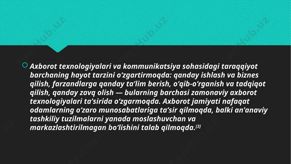 di. aynan toʻrtinchi information inqilob „axborot jamiyati“ rivogiga asos boʻldi. buning natijasida axborotning katta oqimlari vujudka keldi. xx asr oʻrtalarida ushbu holatni „informatsion portlash“ deb ham atashdi. mutaxassislar fikriga koʻra, 1900-yilgacha bilimlarning toʻplanishi va rivojlanishi juda sekinlik bilan borgan boʻlsa, 1900-yildan keyin har 50 yilda 2 baravarga, 1950-yildan keyin har 10 yilda 2 baravarga, 1970-yildan boshlab, har 5 yilda , xx asr oxiridan boshlab har yili 2 baravarga ortib bormoqda.[ bir qator siyosatshunoslar va siyosiy iqtisodchilar axborot jamiyati kontseptsiyasini postindustrializmdan ajratib turuvchi jihatlari mavjudligini taʼkidlaydi. biroq, axborot jamiyati kontseptsiyasi postindustrial jamiyat nazariyasini almashtirishga qaratilgan boʻlsa-da, uning tarafdorlari texnokratiya va anʼanaviy futurologiyaning bir qator eng muhim qoidalarini takrorlaydi va yanada rivojlantiradi. postindustrial jamiyat nazariyasini shakllantirgan d.bell hozirda axborot jamiyati kontseptsiyasi tarafdorlari sifatida harakat qilmoqda. bellning oʻzi uchun axborot jamiyati kontseptsiyasi postindustrial jamiyat nazariyasi rivojlanishining oʻziga xos yangi bosqichiga aylandi. bell taʼkidlaganidek, „kompyuter markaziy rol oʻynaydigan axborot va bilimlarni tashkil etish va …