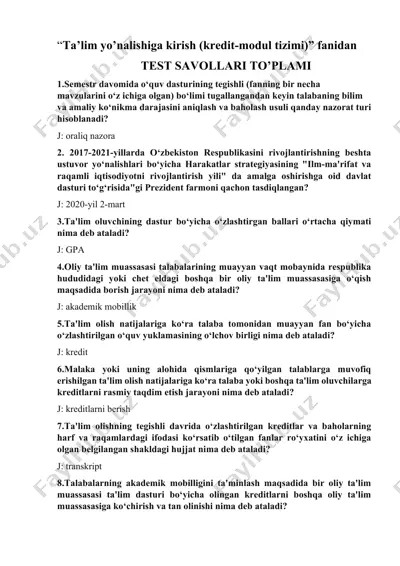 ta'lim yo'nalishiga kirish (kredit modul tizimi fanidan )test savollar to'plami — DOCX
