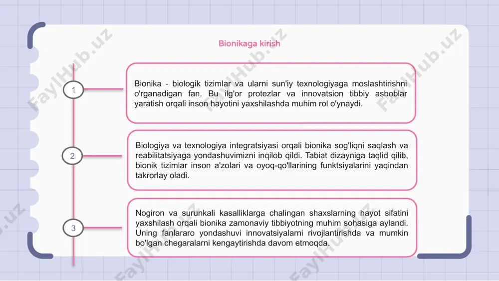 inson qobiliyatlarini oshirish uchun biologiya va texnologiyani birlashtiradi. protez a'zolardan tortib sun'iy organlargacha bionika odamlarning hayot sifatini yaxshilashda hal qiluvchi rol o'ynaydi. biroq, bionikadagi axloqiy mulohazalar texnologiya chegaralari va insonning rivojlanishi haqida muhim savollar tug'diradi. maxfiylik, rozilik va tenglik kabi masalalar bionik texnologiyalarni ishlab chiqish va ulardan foydalanishda ehtiyotkorlik bilan hal qilinishi kerak. bionika rivojlanishda davom etar ekan, olimlar, siyosatchilar va butun jamiyat uchun ushbu texnologiyalarning axloqiy oqibatlari haqida chuqur munozaralar olib borish zarur. innovatsiyalarni axloqiy tamoyillar bilan muvozanatlash bionika butun insoniyatga foyda keltiradigan kelajakni shakllantirishning kalitidir. 1 2 3 bionikaning kelajakdagi tendentsiyalari bionika tabiiy funktsiyalarni taqlid qiluvchi sun'iy tana qismlarini yaratish uchun biologiya va texnologiyani birlashtiradi. bu inson imkoniyatlarini oshirish va hayot sifatini yaxshilashda hal qiluvchi rol o'ynaydi. bionikaning kelajagi ilg'or protezlar, neyron interfeyslar va taqiladigan texnologiyalarni ishlab chiqishda yotadi. ushbu innovatsiyalar sog'liqni saqlash sohasida inqilob qilish va odamlarga jismoniy cheklovlarni engib o'tish imkonini beradi. texnologiya rivojlanishda davom etar …
