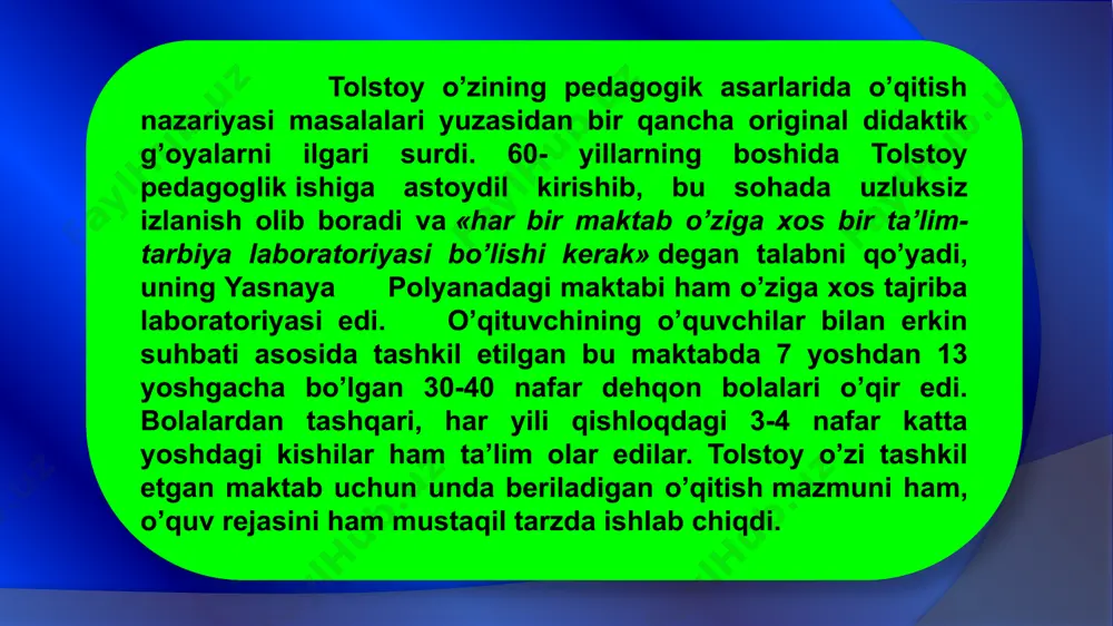 at qilib, – nafaqat insonni mehnatga tayyorlash, balki o‘rtoq tayyorlash, ya’ni boshqalarga to‘g‘ri munosabatda bo‘lish ham tarbiyalanadi — bu allaqachon ma'naviy tayyorgarlik bo'ladi. har qadamda ishdan qochishga harakat qiladigan, boshqalar qanday ishlashini xotirjam kuzatadigan, ularning mehnati samarasidan foydalanadigan odam sovet jamiyatidagi eng axloqsiz odamdir ". k.d.ushinskiy pedagogika fani va tarbiyaning ahamiyati to’grisida. uning fikricha, tarbiyaning vazifasi yoshlarni har tomonlama rivojlantirishdan iborat: tarbiyachi va o'qituvchilar tarbiyaning prinsipini, qoidalarini o'rganishlari kerak va shu bilan birga ana shu qoida va qonunlarni amaliyotga qo'llay bilishlari kerak. k.d.ushinskiy pedagogik tizimga xalqchillik prinsipini asos qilib olgan. ushinskiy tarbiyaning xalqchilligi degan iborani xalqning barcha bolalarini maktabda o'qitish, ona tilini ta`limning asosi qilib olish, bolalarga o'z vatanlari tarixidan, geografiyasidan, tabiatidan keng bilim berish deb bildi. xalq ruhi bilan sug'orilgan tarbiya bolalarga vatanga muhabbat, vatan oldidagi burchlarini sezish hissini o'stirish va butun kuchlarini vatan, xalq xizmatiga qaratilgan bo'lishi lozim. har bir avlod o'z xis tuyg'ularini, tarixiy voqialar, diniy e`tiqod, …