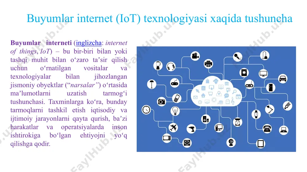 t laboratoriyalarining yetakchi olimlarining hisobotlari taqdim etiladi. narsalar internetining asosiy ta’moyillari 2010-yillarning boshidan boshlab, “buyumlar interneti” “tumanli hisoblash” paradigmasining harakatlantiruvchi kuchiga aylandi (inglizcha: fog computing), bulutli hisoblash tamoyillarini maʼlumotlar markazlaridan “internet of things” platformasi sifatida qaraladigan juda koʻp sonli oʻzaro taʼsir qiluvchi geografik taqsimlangan qurilmalarga tarqatadi. qishloq xoʻjaligida koʻplab iot ilovalari mavjud, masalan, harorat, yogʻingarchilik, namlik, shamol tezligi, zararkunandalar va tuproq tarkibi haqida maʼlumot toʻplash mumkin. bu maʼlumotlardan dehqonchilik amaliyotini avtomatlashtirish, sifat va miqdorni yaxshilash boʻyicha asosli qarorlar qabul qilish, xavf va isrofgarchilikni minimallashtirish hamda ekinlarni boshqarish uchun zarur boʻlgan harakatlarni kamaytirish uchun foydalanish mumkin. misol uchun, endi fermerlar tuproq harorati va namligini uzoqdan kuzatishi va hatto iot maʼlumotlarini aniq oʻgʻitlash dasturlariga qoʻllashi mumkin. umumiy maqsad shundan iboratki, sensor ma’lumotlari fermerning oʻz xoʻjaligi haqidagi bilimi va sezgi bilan birgalikda fermer xoʻjaligi unumdorligini oshirish hamda xarajatlarni kamaytirishga yordam beradi. internetdagi narsalar bilan ishlashning asosiy usullari transport[tahrir | manbasini tahrirlash] buyumlar interneti …