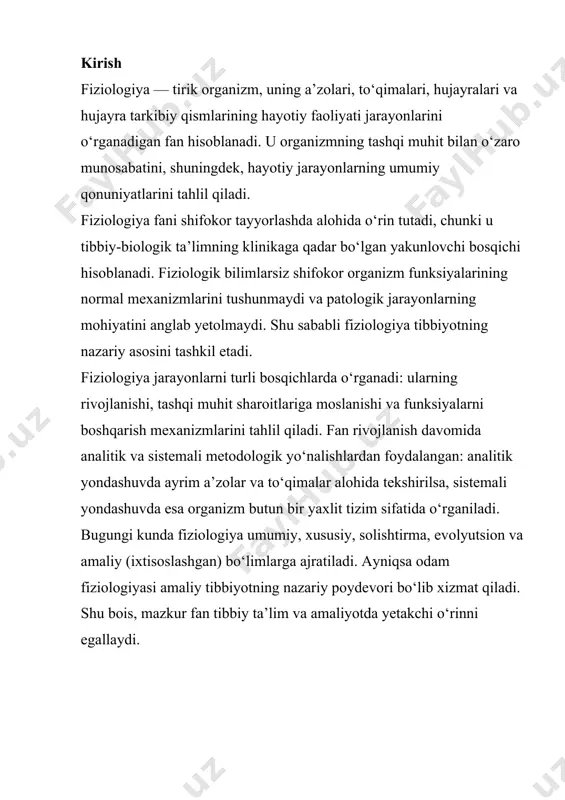 dilar. o‘zbekistonda fiziologiya fani o‘zbekistonda fiziologiya mustaqil fan sifatida 1926-yilda toshkentda turkiyiston universitetida shakllandi. dastlabki yillarda rus olimlari e.f. polyakov va i.p. mixaylovskiy rahbarligida fiziologik tadqiqotlar yo‘lga qo‘yildi. keyinchalik a.i. izrail, a.s. shatalin, n.v. danilovlar bu sohani rivojlantirdi. mustaqil milliy fiziologiya maktabi a.yu. yunusov, a.x. xoshimov, a.s. sodiqovlarning ilmiy ishlari bilan shakllandi. ularning tadqiqotlari hazm a’zolari fiziologiyasi, suv-tuz almashinuvining nerv va gormonal boshqarilishi kabi masalalarni qamrab oldi. bugungi kunda o‘zbekistonda fiziologiya fani turli yo‘nalishlarda – odam va hayvon fiziologiyasi, neyrofiziologiya, molekulyar va hujayra fiziologiyasi, amaliy fiziologiya kabi sohalarda rivojlanmoqda. 2. tibbiyotda fiziologiya fanining ahamiyati fiziologiya fani tibbiyotning nazariy poydevori bo‘lib, shifokorlik faoliyatining barcha sohalarida alohida ahamiyat kasb etadi. chunki kasallikni tushunish va davolash uchun avvalo organizmning normal funksiyalarini bilish zarur. 1. klinik diagnostikada fiziologiyaning ahamiyati fiziologiya ilmiy asos bo‘lib xizmat qiladigan muhim yo‘nalishlardan biri – diagnostikadir. yurak faoliyatini o‘rganish uchun ishlatiladigan elektrokardiografiya (ekg) fiziologik bilimlarga asoslanadi. bu usul yurak ritmi, …
