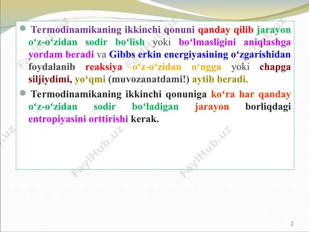 ali ish eng katta qiymatga ega: wmax = wmax + pdv umumiy holda maksimal foydali ish jarayonning qanday o’tkazilishiga bog’liq, u to’liq differentsial emas. ayrim sharoitlarda qaytar jarayonning maksimal foydali ishi yo’lga bog’liq bo’lmasdan, faqat sistemaning boshlang’ich va oxirgi holatiga bog’liqdir, ya’ni maksimal foydali ish jarayonda ma’lum holat funktsiyasining kamayishiga teng bo’ladi. ayirmasi maksimal foydali ishga teng bo’lgan bunday holat funktsiyalarini termodinamik potentsiallar deyiladi. ushbu funktsiyalarning ko’rinishi jarayonlarni amalga oshirish sharoitlariga bog’liq. termodinamikaning birinchi va ikkinchi qonunlaridan: q =tds = du+ wmax = du+wmax + pdv wmax= tds-du-pdv v va s=constda: wmax= -du; wmax= -u ya’ni ichki energiya izoxor-izoentropiya termodinamik potentsialdir. gibbs energiyasi. izolirlanmagan sistemada turg`un temperaturada boradigan jarayonlarda bu vazifani gibbs energiyasi (funksiyasi) va gelmgols energiyasi (funksiyasi) bajaradi (1960 yil). bu ikkala funksiya - 1960 yilgacha izotermik potentsiallar deb, gelmgols energiyasi - izoxorik potentsial yoki erkin energiya, gibbs energiyasi - izobarik potentsial yoki termodinamik potentsial deb yuritilardi. hozir xam …