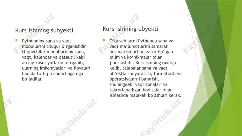 g‘liq vazifalar uchun funksiyalar taqdim etadi. -asosiy funksiyalar orasida time(), sleep(), ctime(), gmtime() va localtime() mavjud. -tizim vaqti ga kirish, belgilangan davomati uchun uyqu, vaqt nazorati o‘rtasida o‘girishlar qilishga imkon beradi. 3.calendar moduli: -bu modul taqvim bilan bog‘liq funksiyalarni taqdim etadi. -taqvimlar yaratish va sana va hafta kuni haqida ma‘lumotlarni ajratishga imkon beradi. -asosiy funksiyalar orasida month(), monthcalendar(), weekday(), va isleap() mavjud. 4.dateutil moduli: -bu modul o‘rnatilgan datetime modulining xususiyatlarini kengaytiradi. -sana va vaqt qatorlarini ajratish, vaqt zonalari bilan ishlash, va murakkab sana hisoblashlarini amalga oshirish imkonini beradi. -parser.parse() funksiyasi sana qatorlarini ajratish, relativedelta() funksiyasi orasida sana o‘rtasidagi farqliyatlarini hisoblash va tz funksiyasi vaqt zonalari bilan ishlash uchun mavjud. 5.pytz moduli: -bu modul vaqt zonalari bilan ishlashga yordam beradi. -murakkab sana bilan tzinfo obyektlarini yaratishga imkon beradi. -farqli vaqt zonalari o‘rtasida o‘tish va kunortasini ishlatishga yordam beradi. 6.strftime() va strptime(): -bu datetime modulida mavjud bo‘lgan metodlar sana/vaqt obyektlarini formatlash va …