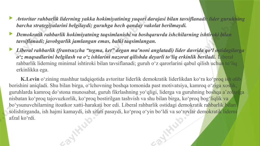 shirdi. keyinchalik olimlar ba’zi liderlarning uslubi ham ishga, ham shaxsga e’tibor qaratishini aniqladilar. bundan tashqari, vaziyatning tabiatiga ko‘ra, shaxsga yo‘naltirilgan uslub har doim ham samarali bo‘lmagan va har doim ham lider uchun eng yaxshi xulq-atvor bo‘lmagan. tadqiqotining davomi sifatida r. likert shaklda ko‘rsatilgan to‘rtta asosiy liderlik uslubi tizimini taklif qildi (6-rasm). bu odamlarga ta’sir qilish, ularni tashkilot maqsadlariga erishishga undash uchun zarur bo‘lgan avtoritar va demokratik uslubning turli darajalari bilan tavsiflangan liderlik uslubi kontinuumining oraliq variantlari mavjudligini tushunishga imkon beradi. 3.3-rasm. r. likertning liderlik uslublari 1-tizim 2-tizim 3-tizim 4-tizim ekspluatativ-avtoritar xayrixoh-avtoritar maslahatchi-demokratik ishtirokchilikka asoslangan r.likert 1-tizimga mansub liderlarni ekspluatator-avtoritar deb ta’riflaydi. bu liderlar avtokratga xos xususiyatlarga ega. 2-tizim xayrixoh-avtoritar deb ataladi. agar avtokrat salbiy majburlashdan qochsa va uning o‘rniga mukofot ishlatsa, u xayrixoh avtokrat deb ataladi. garchi u avtoritar lider bo‘lib qolsa-da, xayrixoh avtokrat qo‘l ostidagilarning kayfiyati va farovonligi uchun faol g‘amxo‘rlik ko‘rsatadi. u hatto vazifalarni rejalashtirishda ishtirok etishiga ruxsat …