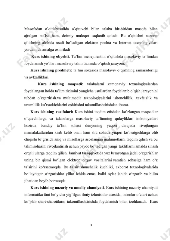ayotgan jadal o‘zgarishlar uning bir qismi bo‘lgan elektron o‘quv vositalarini yaratish sohasiga ham o‘z ta’sirini ko‘rsatmoqda. bu ta’sir shunchalik kuchliki, axborot texnologiyalarida bo‘layotgan o‘zgarishlar yillar ichida emas, balki oylar ichida o‘zgarib va bilim jihatidan boyib bormoqda. kurs ishining nazariy va amaliy ahamiyati. kurs ishining nazariy ahamiyati informatika fani bo’yicha yig’ilgan ilmiy izlanishlar asosida, insonlar o’zlari uchun ko’plab shart-sharoitlarni takomillashtirishda foydalanish bilan izohlanadi. kurs ishining amaliy ahamiyati: ko’plab professor olimlarninig informatika, fizika, matematika, dasturlash va boshqa soxalarida bizgacha qoldirgan meroslarini o’rganish va shulardan foydalangan holda yangiliklar yaratish fan texnika taraqqiyoti rivojlanishiga xizmat qilish. ish tuzilmasining tavsifi. kurs ishi kirish, ikkita bob, sakkista bo’lim, xulosa va foydalanilgan adabiyotlardan tashkil topgan. ishning hajmi 40 betdan iborat. masalaning qo’yilishi ta’lim tizimida yangicha usuldan foydalanib darsni axborot texnalogiyalardan foydalangan holda o’tish tizimini, vaqt tejamkorligini taminlash va o’z ustida ishlashni kuchaytiradi i. bob: masofaviy ta’limning asosiy tushunchalari 1.1. masofaviy ta’lim tushunchasi. masofaviy o`qitish o`qituvchining o`qitish jarayonidagi …