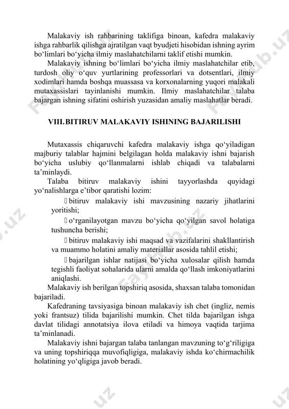 nlaydi. talaba bitiruv malakaviy ishini tayyorlashda quyidagi yo‘nalishlarga e’tibor qaratishi lozim: · bitiruv malakaviy ishi mavzusining nazariy jihatlarini yoritishi; · o‘rganilayotgan mavzu bo‘yicha qo‘yilgan savol holatiga tushuncha berishi; · bitiruv malakaviy ishi maqsad va vazifalarini shakllantirish va muammo holatini amaliy materiallar asosida tahlil etishi; · bajarilgan ishlar natijasi bo‘yicha xulosalar qilish hamda tegishli faoliyat sohalarida ularni amalda qo‘llash imkoniyatlarini aniqlashi. malakaviy ish berilgan topshiriq asosida, shaxsan talaba tomonidan bajariladi. kafedraning tavsiyasiga binoan malakaviy ish chet (ingliz, nemis yoki frantsuz) tilida bajarilishi mumkin. chet tilda bajarilgan ishga davlat tilidagi annotatsiya ilova etiladi va himoya vaqtida tarjima ta’minlanadi. malakaviy ishni bajargan talaba tanlangan mavzuning to‘g‘riligiga va uning topshiriqqa muvofiqligiga, malakaviy ishda ko‘chirmachilik holatining yo‘qligiga javob beradi. malakaviy ish kirish, uchta bob, xulosa, foydalanilgan adabiyotlar ro‘yxati qismlaridan iborat bo‘ladi. ishning hajmi 80-120 bet, qo‘lyozma shaklida bo‘lishi tavsiya etiladi. ishning kirish qismida malakaviy ish mavzusining dolzarbligi asoslanadi, mavzu bo‘yicha ilmiy ishlarini chop etgan iqtisodchi …