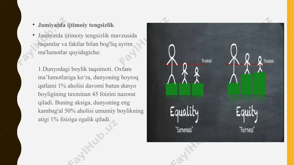, afrika va janubiy osiyodagi aksariyat davlatlarda aholini katta qismi marganilazatsiyaning salbiy ta'siriga uchraydi. dunyo bankining ma'lumotlariga ko'ra, global miqyosda qashshoqlik darajasi kamayib kelayotgan bo'lsa ham, notenglik sezilarli darajada ortib bormoqda. 1990 yildan 2015 yilgacha dunyodagi mutlaq qashshoqlar soni 1,9 milliarddan 836 millionga kamaygan, ammo bu o'sish asosan uzoq davrda iqtisodiy imkoniyatlardan foyda ko'rgan mamlakatlar hisobidan amalga oshgan. munosabatlarda diskriminatsiya munosabatlarda diskriminatsiya — bu odamlar yoki guruhlar o'rtasida ularning tashqi ko'rinishlari, irqiy, etnik kelib chiqishi, jinsi, yoshi, dini, nogironligi kabi xususiyatlariga asoslangan holda, teng muomala qilinmasligini anglatadi. bu jarayon odatda adolatsizlikka olib keladi va ko'plab davlatlarda qonun tomonidan man etilgan. dunyo miqyosida diskriminatsiya turli shakllarda va darajalarda namoyon bo'ladi. irqiy va etnik diskriminatsiya - birlashgan millatlar tashkiloti (bmt) ma'lumotlariga ko'ra, irqiy va etnik diskriminatsiya dunyodagi eng keng tarqalgan diskriminatsiya shakllaridan biridir. bmtning "irqiy ayirmachilikning barcha shakllariga barham berish to'g'risida" konvensiyasi 1966-yilda qabul qilingan. - amerika qo'shma shtatlarida so'nggi statistika ma'lumotlariga …