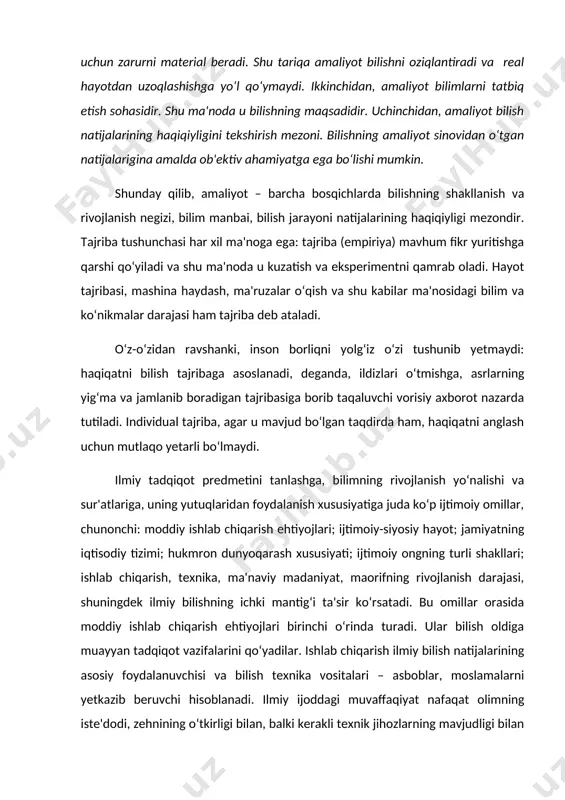 sitalari – asboblar, moslamalarni yetkazib beruvchi hisoblanadi. ilmiy ijoddagi muvaffaqiyat nafaqat olimning iste'dodi, zehnining o‘tkirligi bilan, balki kerakli texnik jihozlarning mavjudligi bilan ham belgilanadi. aynan texnikaning rivojlanishi fanni eksperimental va mantiqiy o‘rganishning qudratli vositalari bilan ta'minlaydi. masalan, elektromagnit va atom o‘rganish jarayonlari jamiyat ishlab chiqarish rivojlanishining fandagi bu hodisalarni bilish uchun zarur vositalar bilan ta'minlanganlik yuksak darajaga yetganidan keyingina tadqiqot predmetiga aylandi. ilmiy ijod natijalari faqat moddiy ishlab chiqarish, texnikadagina o‘zining amaliy ifodasini topmaydi. ilmiy bilimning har bir sohasi tegishli qonuniyatlarni yoritish, muayyan hodisani tushuntirish yo‘li bilan dunyoning yagona manzarasini yaratish, dunyoqarashni shakllantirishda ishtirok etadi. e.shredinger ta'biri bilan aytganda, fan biz kim va nima uchun dunyoga kelganmiz, degan savolga ham javob berishi lozim. bu ham metafizik, ham amaliy mazmun kasb etadi. amaliyot nafaqat jamiyat uchun zarur bo‘lgan hodisalarni aniqlaydi, balki insonni qurshagan narsalar va hodisalarni o‘zgartiradi, ularning shu paytgacha insonga ma'lum bo‘lmagan va shu sababli o‘rganilmagan tomonlarini aniqlaydi. nafaqat dunyoviy …