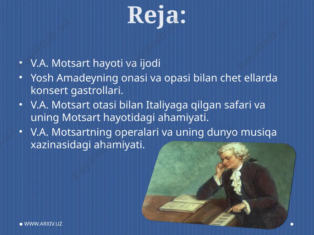 i oʻrtasida m. oʻz ijodining serqatlamligi va kengligi bilan ajralib turadi. m. deyarli barcha musiqa janrlariga murojaat etib, 600 ga yaqin asar yaratgan, musiqa tarixida goʻzallik va mukammal garmoniya timsoli sifatida oʻz nomini qoldirgan. m. operaning yangi turlarini yaratgan. "figaroning uylanishi" opera-komedi-yasi (1786), "don juan" opera-dramasi (1787), "seholi fleyta" milliy opera-ertagi (1791) va b. (jami 17 ta) jahon musiqali te-atri xazinasining dur- donalariga aylangan. bulardan "zaida" (1780), "haramdan olib qochish " (1782), "qo-hira gʻozi" (1783) kabi operalarida sharq mavzulariga murojaat qilgan. m. ijodida simfoniya (50 ga yaqin), cholgʻu konsert (40 ga yaqin), torli kvartet (23 ta), fortepiano sonatasi (21 ta) rivoj topdi. www.arxiv.uz m., shuningdek, turli chol-gʻu asarlar, kantata, messa, kamer ansambllar, qoʻshik/iap muallifi. uning soʻnggi asari — "rekviyem" (1791, shogirdi f. zyusmayer tugallagan) mazkur janrning mumtoz namunasiga aylangan. zalsburgda xalqaro "motsarteum" (tarkibida ilmiy, oʻquv, konsert boʻlimlari mavjud) muassasasi faoliyat koʻrsatmoqda (1880 y.dan). www.arxiv.uz yevropa mumtoz musiqasining – opera, oratoriya, …