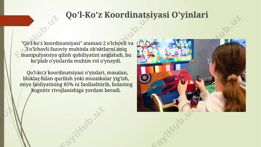 bilan o'ynash, 3d-puzzle yig'ish kabi faoliyatlar qo'l-barmoq mushaklarini mustahkamlaydi. yirik motorika o'yinlari yirik motorika o'yinlarida bolaning jismoniy faolligi 3-5 yosh oralig'ida kuniga kamida 60 daqiqa davom etishi tavsiya etiladi, bu esa mushaklarning kuchini va muvofiqlashuvini rivojlantiradi. "qo'l bilan qurilish" o'yinlari, masalan, lego yoki katta konstruktorlar bilan o'ynash, bolaning qo'l-barmoq harakatlarini va 2-3 soat ichida rivojlanishini kuchaytiradi. mayda motorika o'yinlari mayda motorika o'yinlarida qo'llaniladigan qo'lda ishlash texnikasi, masalan, tugmachalarni bog'lash yoki boncuklarni terish, bolalarning konsentratsiya qobiliyatini 20% ga oshirishi mumkin. rangli bloklar, mozaikalar va plastilin bilan o'ynash orqali bolalar ijodiy fikrlashni rivojlantirib, 3-5 yosh oralig'ida 10 dan ortiq turli xil harakatlarni bajarishlari mumkin. kompyuter o'yinlari va motor mahirati kompyuter o'yinlarining 3d modellashtirish elementlari, masalan, minecraft yoki roblox kabi o'yinlar, qo'l-ko'z muvofiqlashuvini rivojlantirishga yordam beradi va 30% gacha nozik motor mahoratini yaxshilaydi. strategiya o'yinlari, masalan, starcraft yoki age of empires, tezkor qaror qabul qilish va bir vaqtning o'zida bir nechta vazifani bajarishni …