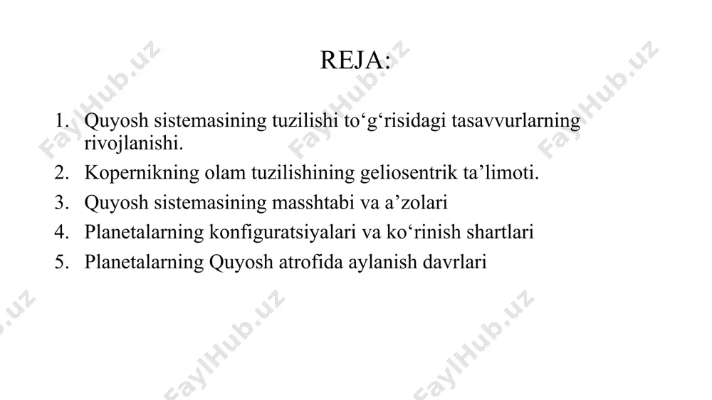 qidagi tasavvurlarning shakllanishida vatandoshimiz abu rayhon beruniyning (973-1048) katta xizmati bor. u ko‘p yillik astronomik kuzatishlariga tayanib, planetalardan merkuriy va venera quyoshdan uzoq keta olmasligini (yoy o‘lchovi bilan hisoblanganda) aniqladi va shu asosda, bu ikki planeta quyoshning atrofida aylansa kerak degan to‘g‘ri xulosaga keldi. aslida beruniy geosentrik sistemaning tarafdori bo‘lib qolgan bo‘lsa-da, uning ichki planetalar (merkuriy va venera)ga tegishli bu xulosasi xi asrda olam tuzilishining geliosentrik sistemasi uchun qo‘yilgan ilk qadam edi. quyosh sistemasining masshtabi va a’zolari quyosh sistemasiga kiruvchi jismlar bilan biz dastlab «tabiatshunoslik» darslarida tanishgan edik. ma’lumki, bu sistemaning eng yirik jismi quyosh bo‘lib, uning diametri yernikidan 109 marta katta, massasi esa 330 000 yer massasiga teng quyosh sistemasidagi jismlarning o'lchamlarining taqqoslanishi quyosh sistemasidagi planetalarning quyoshda o’rtacha uzoqligi quyosh atrofida harakatlanayotgan planetalarning yulduzlar fonidagi vaziyatlari, harakatlanayotgan yerdan kuzatilganligi tufayli, murakkab ko‘rinishga ega bo‘ladi. planetalarning yerdan qaraganda quyoshga nisbatan egallagan vaziyatlari ularning konfiguratsiyalari deyiladi. planetalarning konfiguratsiyalari va ko‘rinish shartlari …
