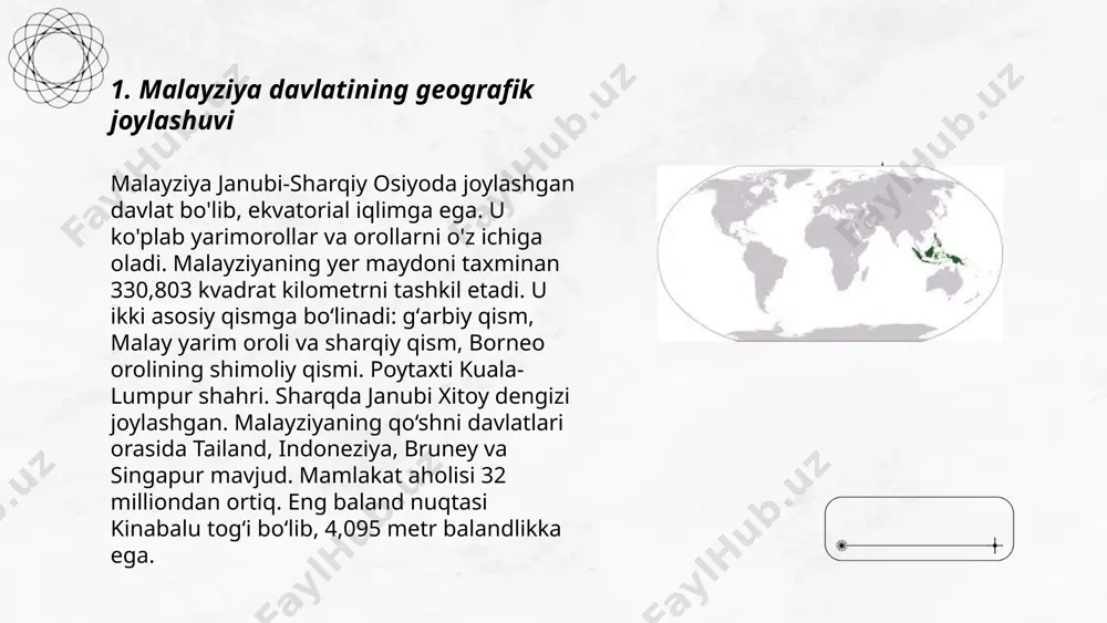 tini amalga oshirdi. neft va gaz sektori malayziya iqtisodining yana bir muhim qismi bo'lib, umumiy eksport hajmining qariyb 15% ni tashkil etadi. malayziyada avtomobil sanoati ham yaxshi rivojlangan, bunga misol sifatida proton va perodua kabi mahalliy kompaniyalarni keltirish mumkin. ... t.me/slaydai_bot 7. malayziyaning turizm salohiyati malayziya turizm salohiyati jihatidan osiyoda yetakchi davlatlardan biri hisoblanadi. 2019 yilda mamlakat 26,1 million sayyohni qabul qilgan. turizm daromadi shu yili 86 milliard malayziya ringgitiga (taxminan 20 milliard aqsh dollari) yetgan. kuala-lumpur, penang, langkawi va borneo sayyohlar orasida eng mashhur manzil hisoblanadi. malayziya hukumati 2020 yilga kelib 30 million sayyohni jalb qilishni maqsad qilgan edi, lekin covid-19 pandemiyasi bu rejalarni o'zgartirdi. turizm sohasida milliy parklar, tarixiy yodgorliklar va ko'p qavatli savdo markazlari muhim o'ringa ega. turizm sektori malayziya yaimning taxminan 15 foizini tashkil etadi. ... t.me/slaydai_bot malayziyada ta'lim tizimi uch bosqichdan iborat: boshlang'ich, o'rta va oliy ta'lim. boshlang'ich ta'lim 6 yil, o'rta ta'lim esa 5 …