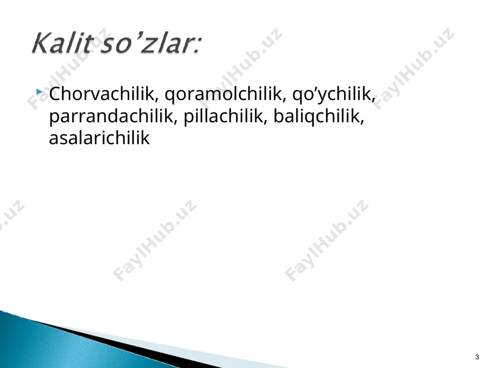g asosiy ko`rsatkichlari 2000 2005 2010 2015 2016 2017 2018 2019 2020 qishloq xo`jaligi ekinlari ekin maydoni, ming gektar 3778,3 3647,5 3708,4 3694,2 3706,7 3474,5 3396,0 3309,4 3373,1 qishloq xo`jaligi mahsuloti, mlrd. so`m 1387,2 5978,3 30856,7 99604,6 115599,2 148199,3 187425,6 216283,1 249754,5 shu jumladan: dehqonchilik 696,8 3323,1 18119,0 55429,2 61755,1 83303,4 98406,4 111904,8 123556,0 chorvachilik 690,4 2655,2 12737,7 44175,4 53844,1 64895,9 89019,2 104378,3 126198,5 qishloq xo`jaligi mahsulotlari ishlab chiqarish-ning o`sish sur`ati, o`tgan yilga nisbatan foizda 103,1 105,4 106,3 106,1 106,3 101,0 100,2 103,3 102,8 shu jumladan: dehqonchilik 103,1 107,0 105,9 105,5 105,7 98,2 95,8 104,8 103,4 chorvachilik 103,0 103,6 106,9 106,9 107,0 104,1 105,7 101,6 102,1 * qishloq xo`jaligi mahsuloti ishlab chiqarishning o`sish sur`atlari (o`tgan yilga nisbatan foizda) barcha toifadagi xo`jaliklar shu jumladan: shu jumladan: fermer xo`jaliklari dehqon (shaxsiy yordamchi) xo`jaliklari qishloq xo`jaligi faoliyatini amalga oshiruvchi tashkilotlar fermer xo`jaliklari dehqon (shaxsiy yordamchi) xo`jaliklari qishloq xo`jaligi faoliyatini amalga oshiruvchi tashkilotlar jami …