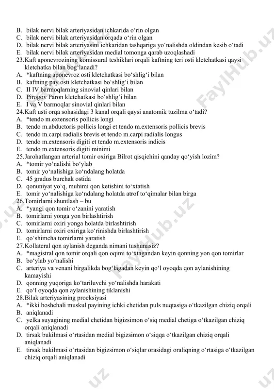 n uzoqlashib yuilakning orqa tomoniga o‘tadi b. bilak nervi bilak arteriyasidan ichkarida o‘rin olgan c. bilak nervi bilak arteriyasidan orqada o‘rin olgan d. bilak nervi bilak arteriyasini ichkaridan tashqariga yo‘nalishda oldindan kesib o‘tadi e. bilak nervi bilak arteriyasidan medial tomonga qarab uzoqlashadi 23. kaft aponevrozining komissural teshiklari orqali kaftning teri osti kletchatkasi qaysi kletchatka bilan bog‘lanadi? a. *kaftning aponevroz osti kletchatkasi bo‘shlig‘i bilan b. kaftning pay osti kletchatkasi bo‘shlig‘i bilan c. ii iv barmoqlarning sinovial qinlari bilan d. pirogov paron kletchatkasi bo‘shlig‘i bilan e. i va v barmoqlar sinovial qinlari bilan 24. kaft usti orqa sohasidagi 3 kanal orqali qaysi anatomik tuzilma o‘tadi? a. *tendo m.extensoris pollicis longi b. tendo m.abductoris pollicis longi et tendo m.extensoris pollicis brevis c. tendo m.carpi radialis brevis et tendo m.carpi radialis longus d. tendo m.extensoris digiti et tendo m.extensoris indicis e. tendo m.extensoris digiti minimi 25. jarohatlangan arterial tomir oxiriga bilrot qisqichini qanday qo‘yish …