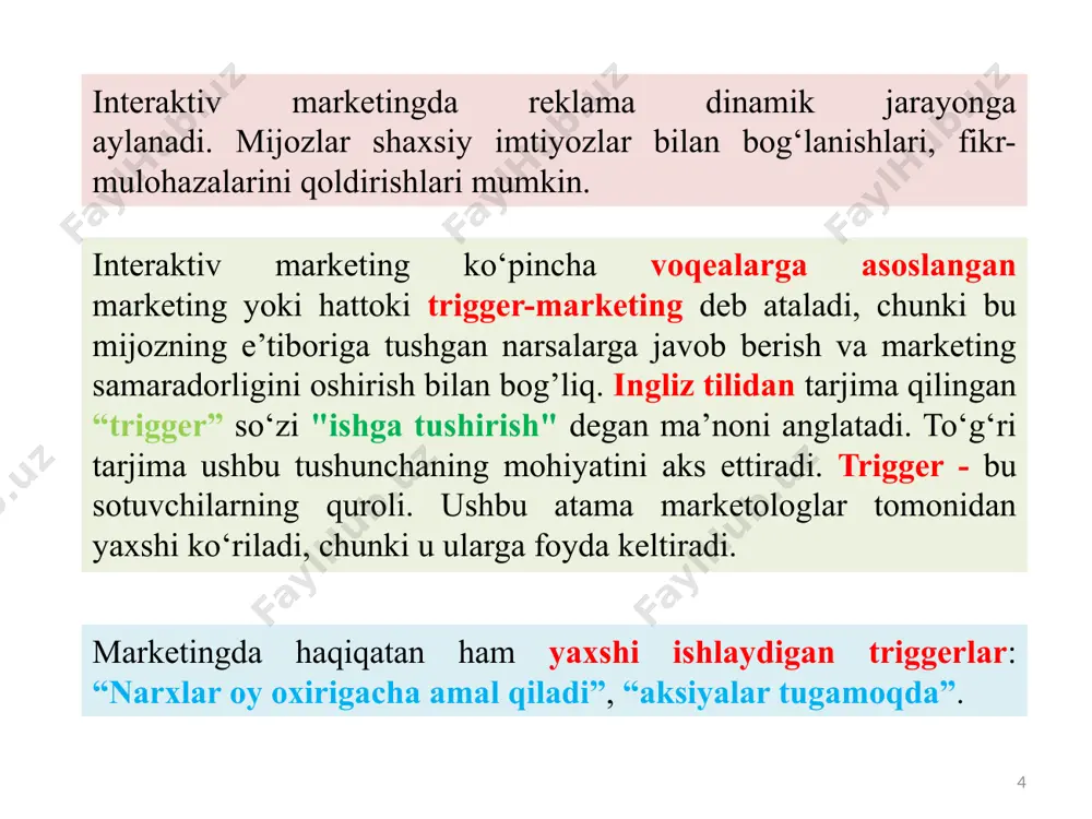 katga keltiruvchi kuchni aniqlang. buning eng yaxshi usuli so‘rovlar va ma’lumotlarni tahlil qilish orqali amalga oshiriladi. harakatga keltirish uchun marketing jarayonini aniqlang. tizimingizni sozlang. baholash. u ishlayaptimi? sizning interaktiv marketing tizimingiz ko‘proq sotuvga olib keladimi? sizga shikoyatlar yoilashmoqdami? 9 13.3. interaktiv marketingni qanday tashkil qilish kerak interaktiv marketing shakllari 10 qidiruv mexanizmi marketingi e-pochta marketingi homiylik bu saytni optimallashtirishdan, qidiruv natijalarida yuqoriroq ko‘rinadigan tarzda, maqsadli reklamalarni natija sahifalari tomonlariga joylashtirishdan iborat. e-pochtada reklamalar, takliflar va bildirishnomalarni yetkazib berish mijozlar bilan muloqot qilishning samarali va iqtisodiy usulidir. onlayn mijozlar bilan hamkorlikda ishlaydigan kompaniyalar bilan hamkorlik yangi mijozlar bilan aloqa qilishning ajoyib usuli hisoblanadi 11 blogging vidjetlar nishonlash kulgili, qisqa formada blog postlari mijozlarga yangi mahsulotlar, maxsus bitimlar va brendning ortida turgan madaniyat haqida ma'lumot berishga yordam beradi markali oddiy yuklab olinadigan vositalar bu tovar uchun qo'shimcha qiymat yaratishning ajoyib usuli hisoblanadi facebook va twitter kabi saytlar millionlab foydalanuvchilarga ega va mijozlar …