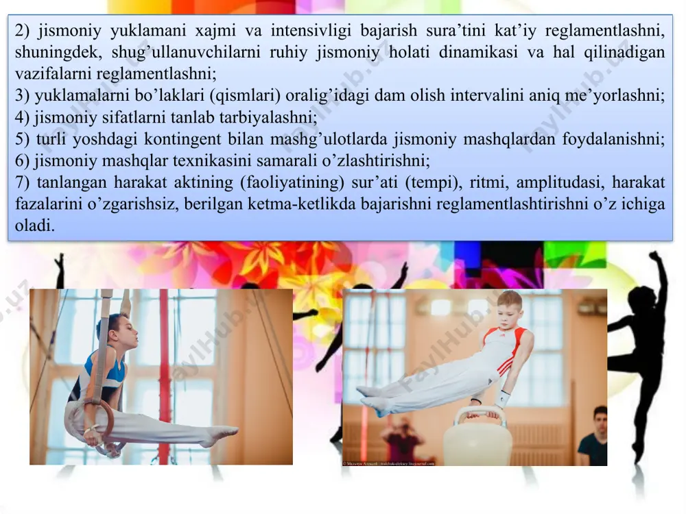 enirovkasi sog’lomlashtirish va boshqa 120 mashg’ulotlarda har bir mashq yoki ixtiyoriy harakat ijro texnikasiga ko’ra turli uslubda bajariladi. masalan, balandlikka sakrashda sakrash ustunlari orasiga qo’yiladigan balandlikni o’lchamiga o’rnatilgan “planka” ustidan sakrab o’tish uchun, plankaga nisbatan ung yoki chap yelka bilan yoki uning to’g’risidan yugurib kelib, depsinish bilan sakrash mumkin. aslida shu mashqni yuqorida qayd qilinganidan boshqacharoq - oson, oz energiya sarflab, belgilangan harakatni (vazifani) samarali ijro etish uslubiyatlari mavjud. buni harakat yoki jismoniy mashq “texnika”si atamasi orqali mazmuni tavsiflanadi. xulosa qilib aytganda, o’quvchilarning to’g’ri uyushtirilgan kun tartibiga rioya qilishi natijasida shunday fikrga to’xtaldik, ya’ni: bolaning organizmi har tomonlama to’g’ri rivojlanadi; o’quvchilar irodasi mustahkamlanadi; turli kasalliklarga chalinish oldi olinadi; o’quvchilarning o’qishga, mehnatga bo’lgan qiziqishi kuchayadi; 150 o’quvchining ish qobiliyati ortadi; har bir ishni o’z vaqtida bajarishga o’rganadi. foydalanilgan adabiyotlar 1. o‘zbekiston respublikasi prezidentining “o‘zbekiston respublikasi oliy ta’lim tizimini 2030 yilgacha rivojlantirish konsepsiyasini tasdiqlash to‘g‘risida”gi farmoni, toshkent, 2019 yil, 8 oktabr. 2. …