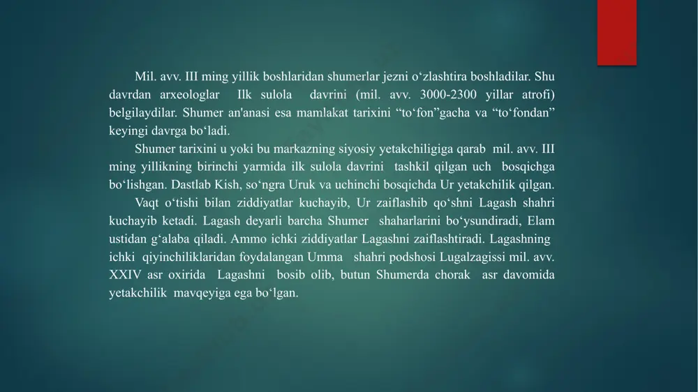 tegishli larsa va issin qonunlari parchalari, lipit-ishtar nomli hukmdorning kirish, xulosaning bir qismi va 40 ga yaqin qonun moddalari bizgacha yetib kelgan. eng katta qonunlar to‘plami 247 moddadan, asosiy qism va xulosadan iborat bo‘lgan hammurapi qonunlaridir. mil. avv. ii ming yillik o‘rtalariga oid osuriya yoki o‘rta osuriya qonunlari, yangi bobil podsholigiga oid 20 ga yaqin qonun moddalari bizgacha yetib kelgan. eng qadimgi diplomatik hujjatlardan ikki loy silindrga bitilgan mil. avv. xxiv asrga oid lagash va umma o‘rtasidagi chegara janjali to‘grisidagi yozuv bizgacha yetib kelgan. mil. avv. xxiii asrga oid akkad va elam davlatlari o‘rtasidagi shartnoma, mil. avv. ii ming yillik boshlariga oid mari podshosining bobil, suriya va finikiya bilan diplomatik yozishmalari matnlari topilgan. mil. avv. ii ming yillikda old osiyo, misr tarixi va xalqaro munosabatlar to‘g‘risida boy ma'lumot beradigan bosh manba misrdan topilgan tell-amarna arxividir. shumer shaharlari akkad, bobil va osuriya davlatlari podsholarining yozuvlari juda katta qimmatga ega. shunday yozuvlardan …