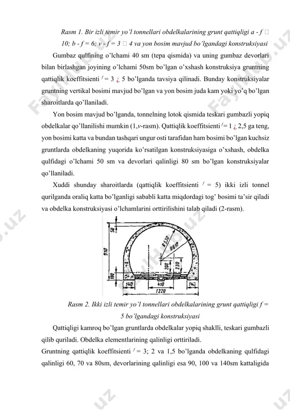 . tokcha va kameralarning rejada joylashish sxemasi: 1 - tokchalar; 2 - kamera tonnelning uzunligi 300...400 metr bo’lganda, tonnelning o’rta qismiga bitta kamera quriladi. uzunligi 3 km dan ko’p bo’lgan tonnellarda odatdagi bir-biriga o’xshash bo’lgan kameralardan tashqari bir yoki ikkita uzunligi katta (6 metrgacha) bo’lgan kameralar quriladi. bu kameralar materiallar, asbob-uskuna va jihozlarni saqlash uchun xizmat qiladi. portal tonnel konstruksiyasining yaqinlashuv qazilmasi bilan birlashishini ta’minlash maqsadida quriladi. portal old va yon tomonlardagi qiyaliklar turg’unligini ta’minlaydi, old tomondagi qiyalikdan oqib kelgan suvni tonneldan tashqariga yo’naltirishga xizmat qiladi (5-rasm). portallar tonnelning ko’zga ko’rinib turadigan yagona elementidir, shuning uchun ular tegishli arxitektura elementlari bilan bezaladi. portalning eng oddiy konstruktiv yechimi tonnel bosh qismining o’qiuning old qismidagi eng katta qiyalikning gorizontal proyeksiyasi yo’nalishi bilan mos tushganda tanlanadi. bu holda portal devorining tekisligi tonnel o’qiga perpendikulyar qilinadi. bunday portalni to’g’ri portal deb atash qabul qilingan. tonnel o’qi yo’nalishi uning old qismidagi eng katta qiyalikning gorizontal …