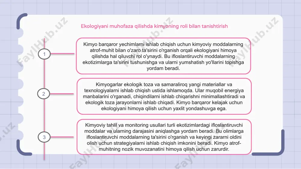 tuproqni tozalash, havo ifloslanishini kamaytirish va qayta tiklanadigan energiya manbalaridan foydalanishni rivojlantirish uchun ishlatilishi mumkin. bundan tashqari, kimyo kimyoviy moddalar va atrof-muhit o'rtasidagi o'zaro ta'sirni tushunishda juda muhimdir, bu esa ekologik toza materiallar va jarayonlarni ishlab chiqishga yordam beradi. barqaror ekologiya uchun kimyoviy innovatsiyalar kimyo barqaror bo'lgan innovatsion kimyoviy moddalarni ishlab chiqish orqali ekologiyani himoya qilishda hal qiluvchi rol o'ynaydi. ushbu kimyoviy innovatsiyalar ifloslanishni kamaytirish, tabiiy resurslarni saqlash va barqaror amaliyotni ilgari surishda yordam beradi. qayta tiklanadigan energiya, chiqindilarni boshqarish va yashil kimyo kabi sohalardagi kimyoviy yutuqlar barqaror ekologiyaga yanada hissa qo'shadi. ekotizimlarni saqlash uchun kimyoviy jarayonlar kimyo ekotizimlarni saqlaydigan kimyoviy jarayonlarni ishlab chiqish orqali ekologiyani himoya qilishda hal qiluvchi rol o'ynaydi. bu jarayonlar inson faoliyatining atrof-muhitga ta'sirini minimallashtirish va biologik xilma-xillikni saqlashga yordam beradi. kimyo orqali ishlab chiqilgan kimyoviy yechimlar ekologik muammolarni samarali hal qilishi va barqaror kelajakni ta'minlashi mumkin. kimyo va ekologiyaning kesishishini o'rganish kimyo ifloslanishni nazorat qilish …